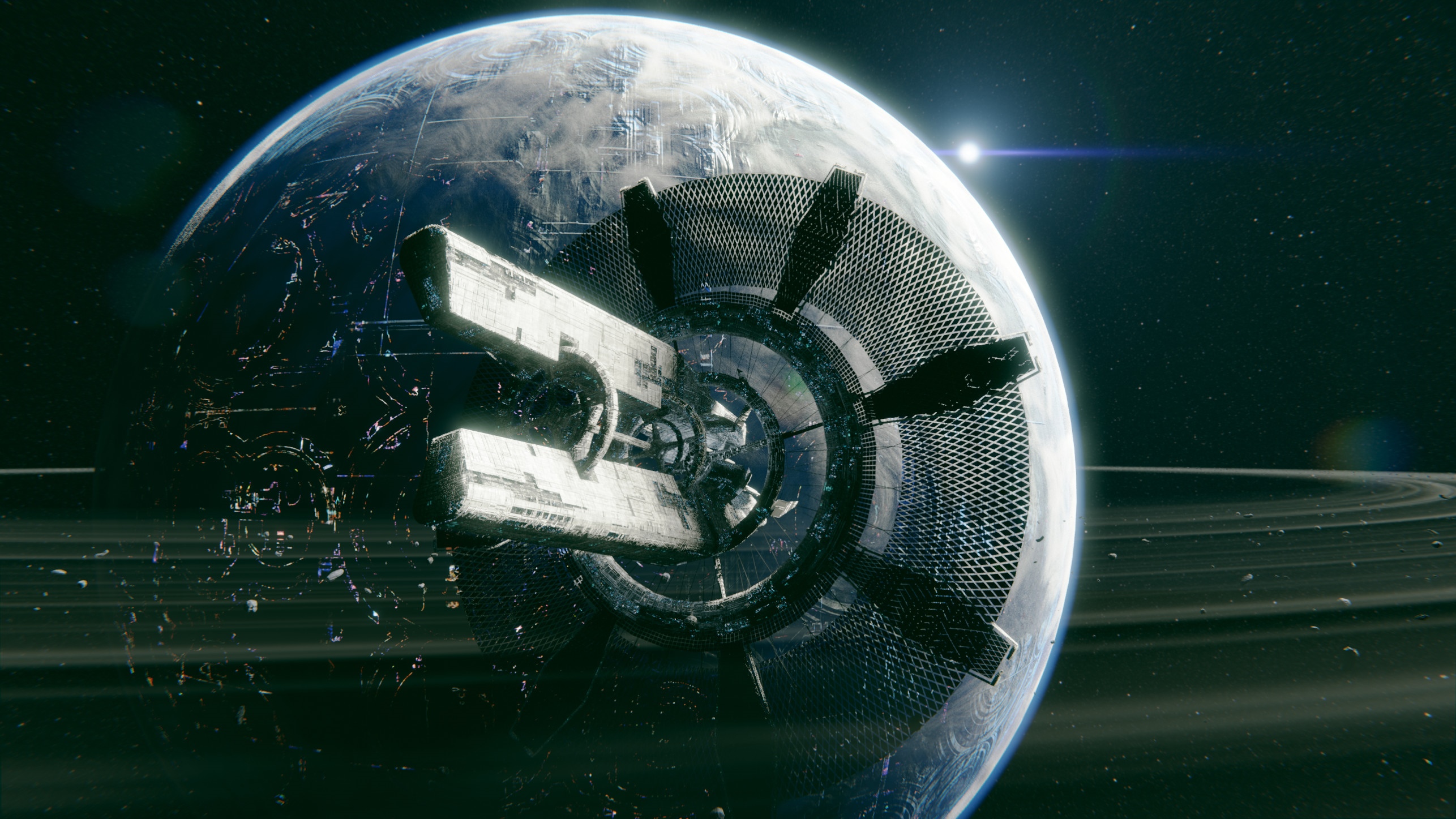 Science fiction space station orbiting a ringed planet HD Wallpaper
