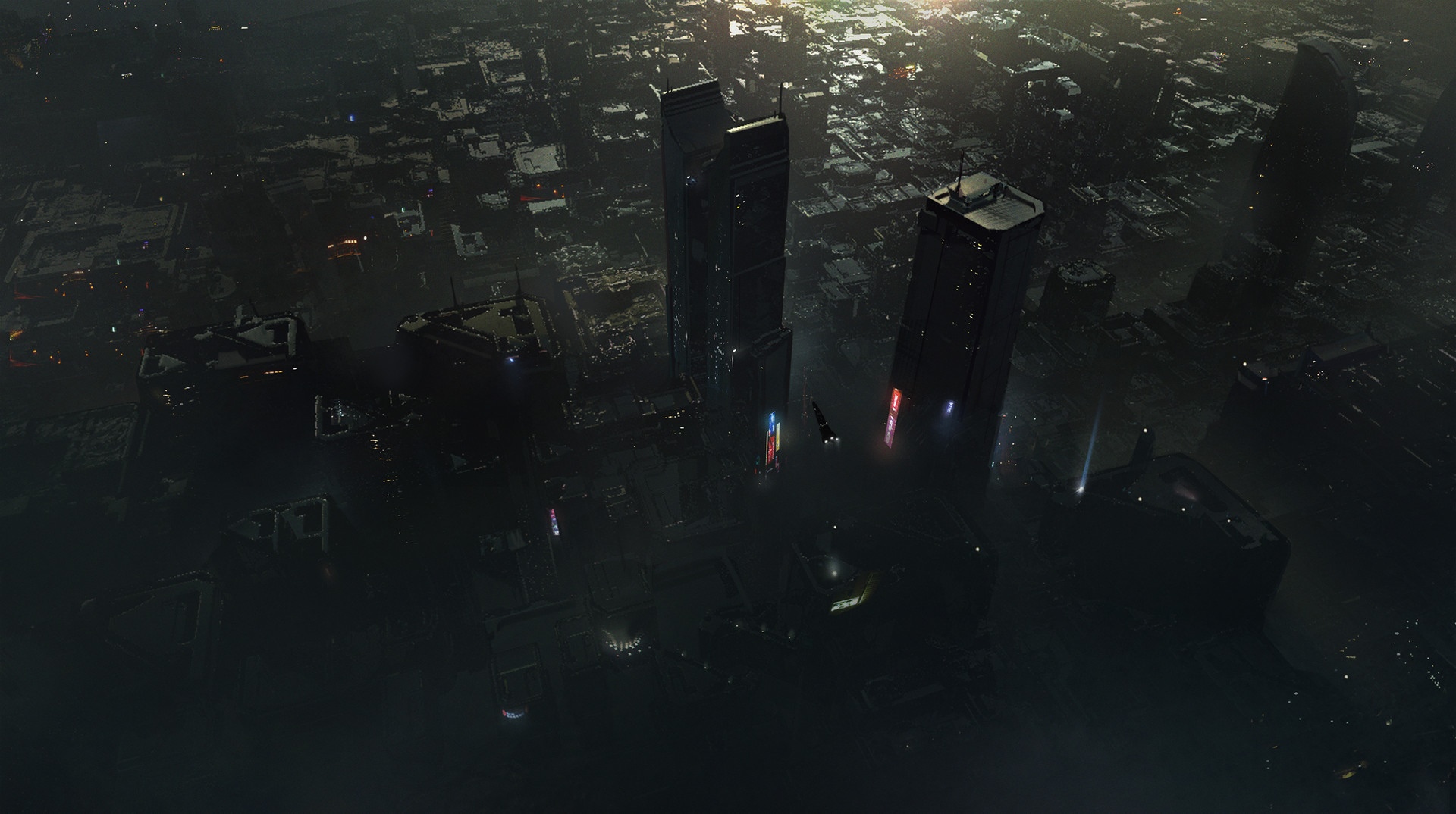 Futuristic cityscape with tall buildings and flying vehicles HD Wallpaper