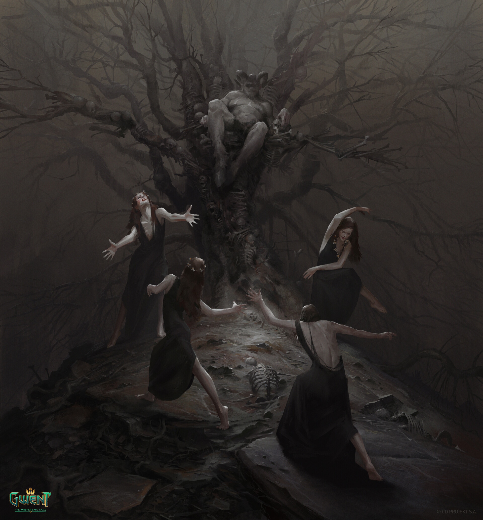 Gwent: Four women dance around a demonic figure in a dead tree HD Wallpaper