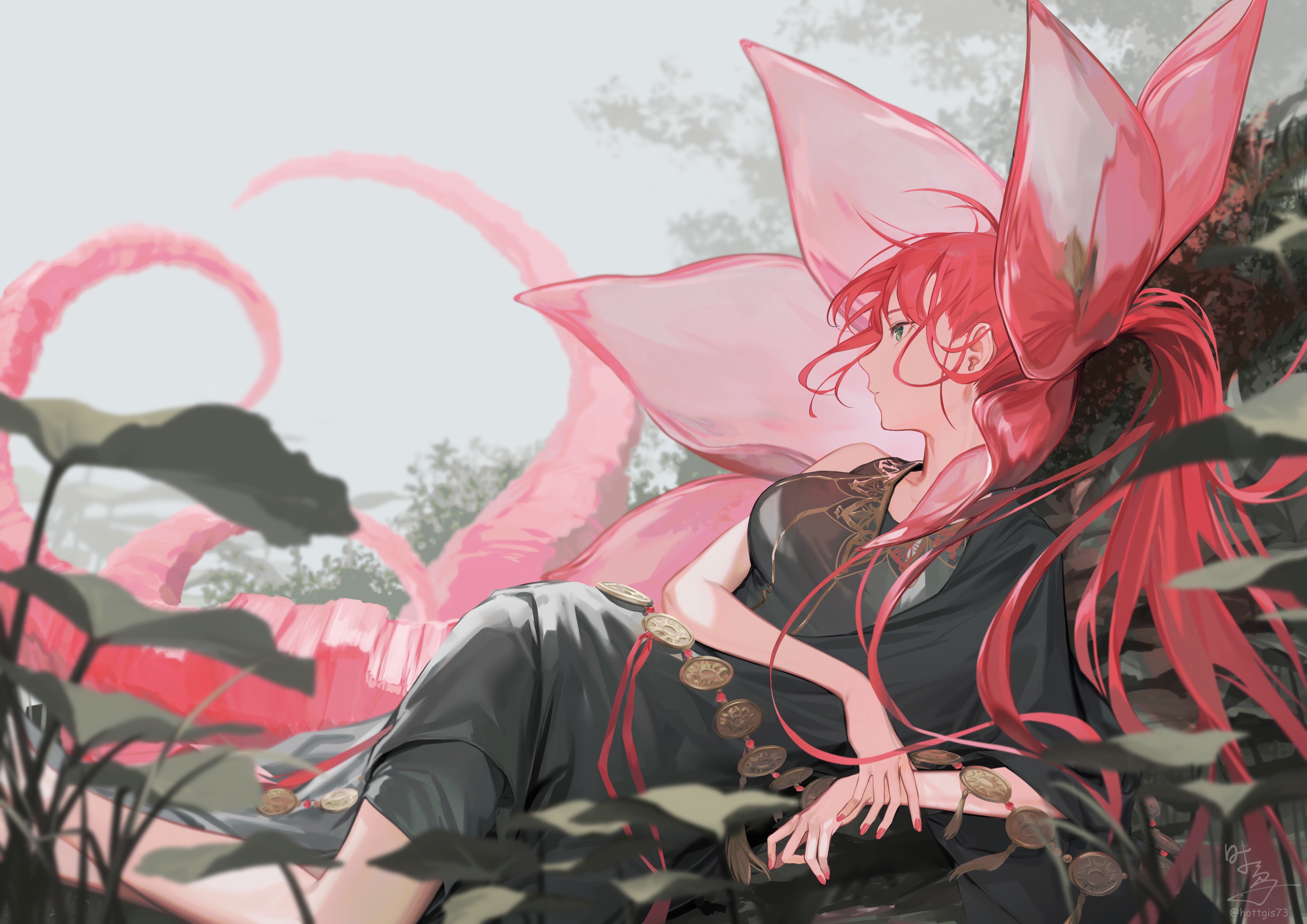 Shi Niao with Ponytail and Pink Flower HD Wallpaper
