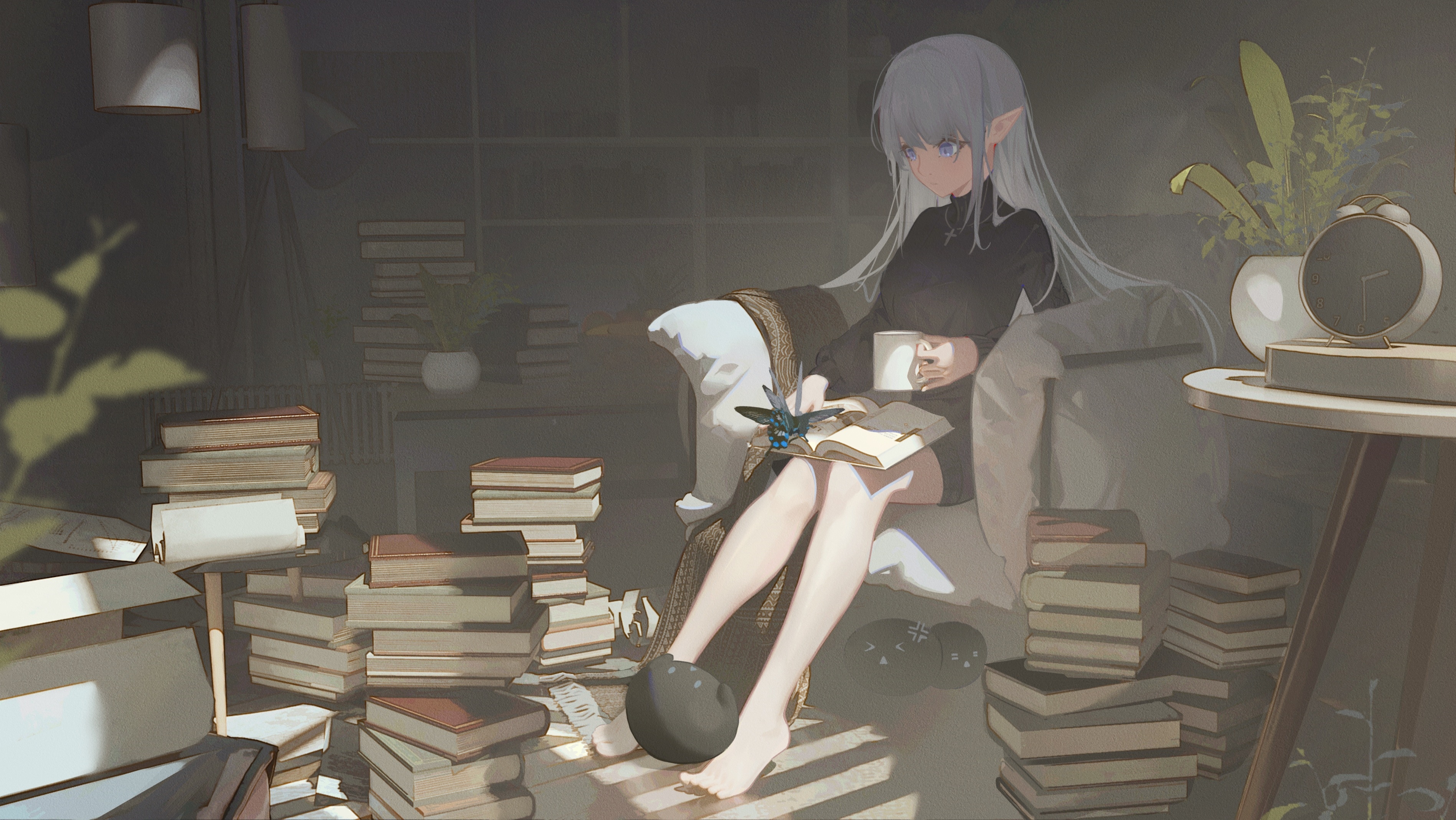Anime girl with pointy ears reading in a room full of books HD Wallpaper