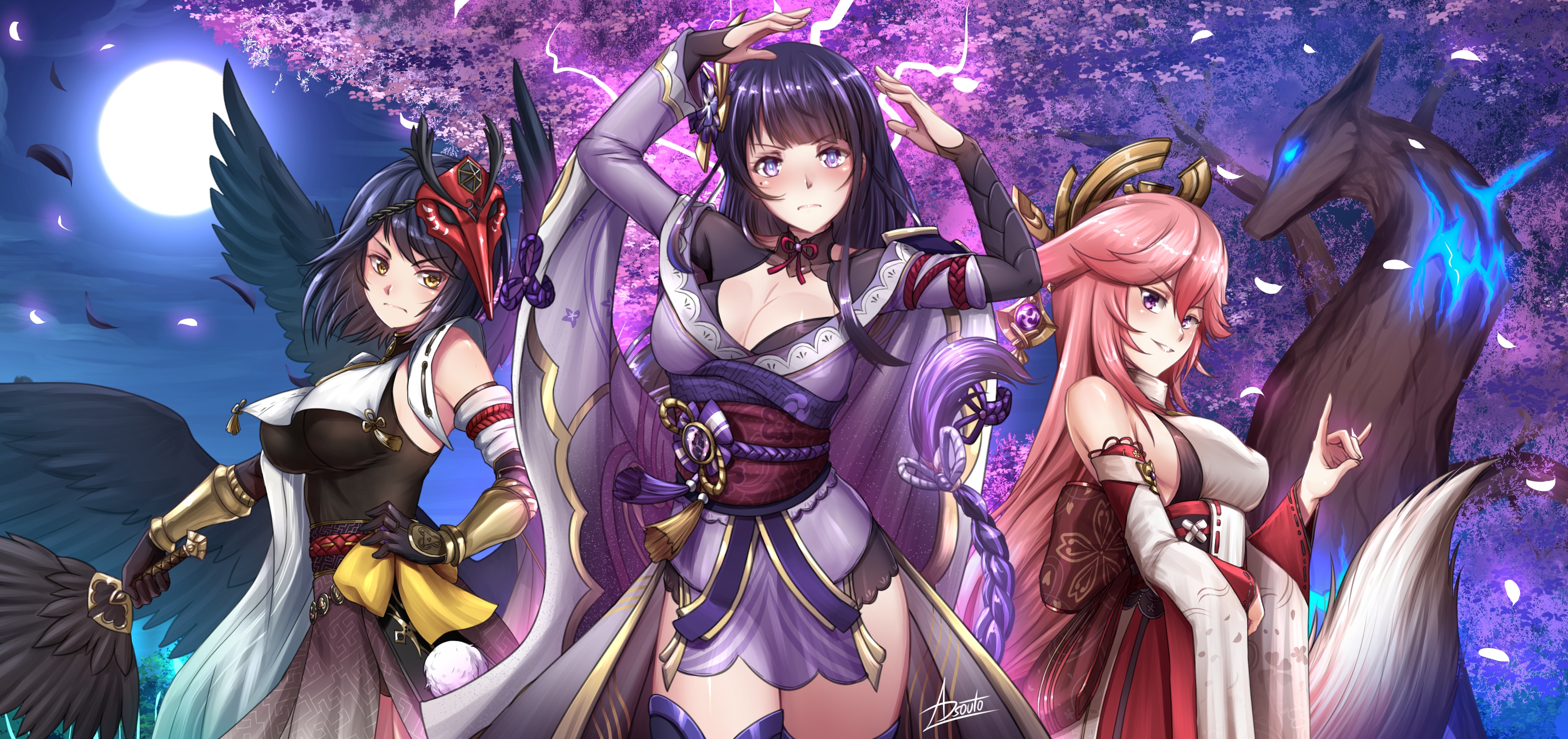 Genshin Impact: Raiden Shogun, Yae Miko, and Kujou Sara HD Wallpaper