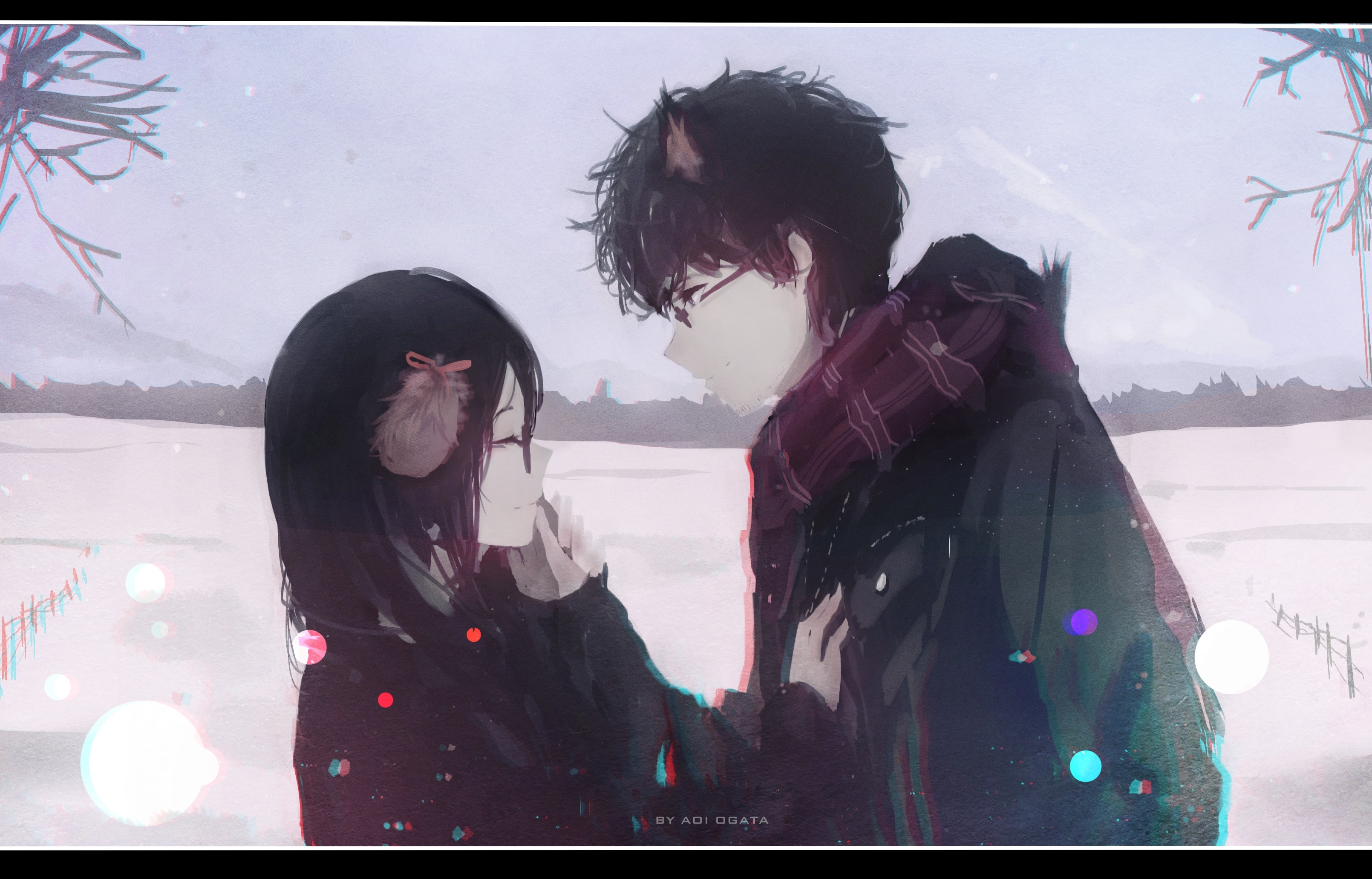 Anime couple in a snowy landscape HD Wallpaper