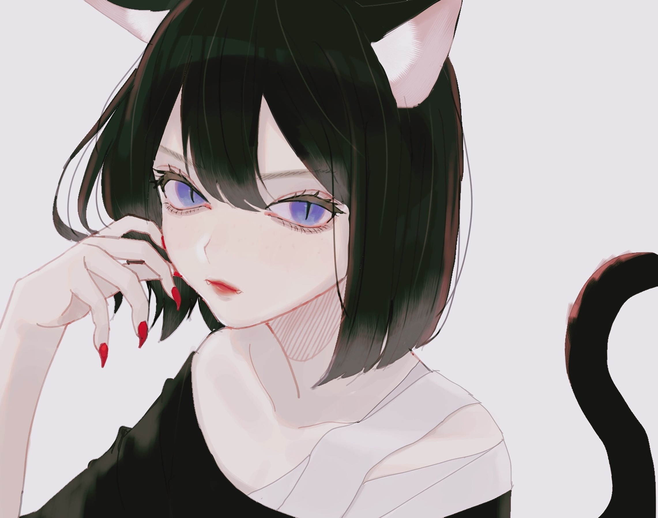 Cat girl with purple eyes and black hair HD Wallpaper