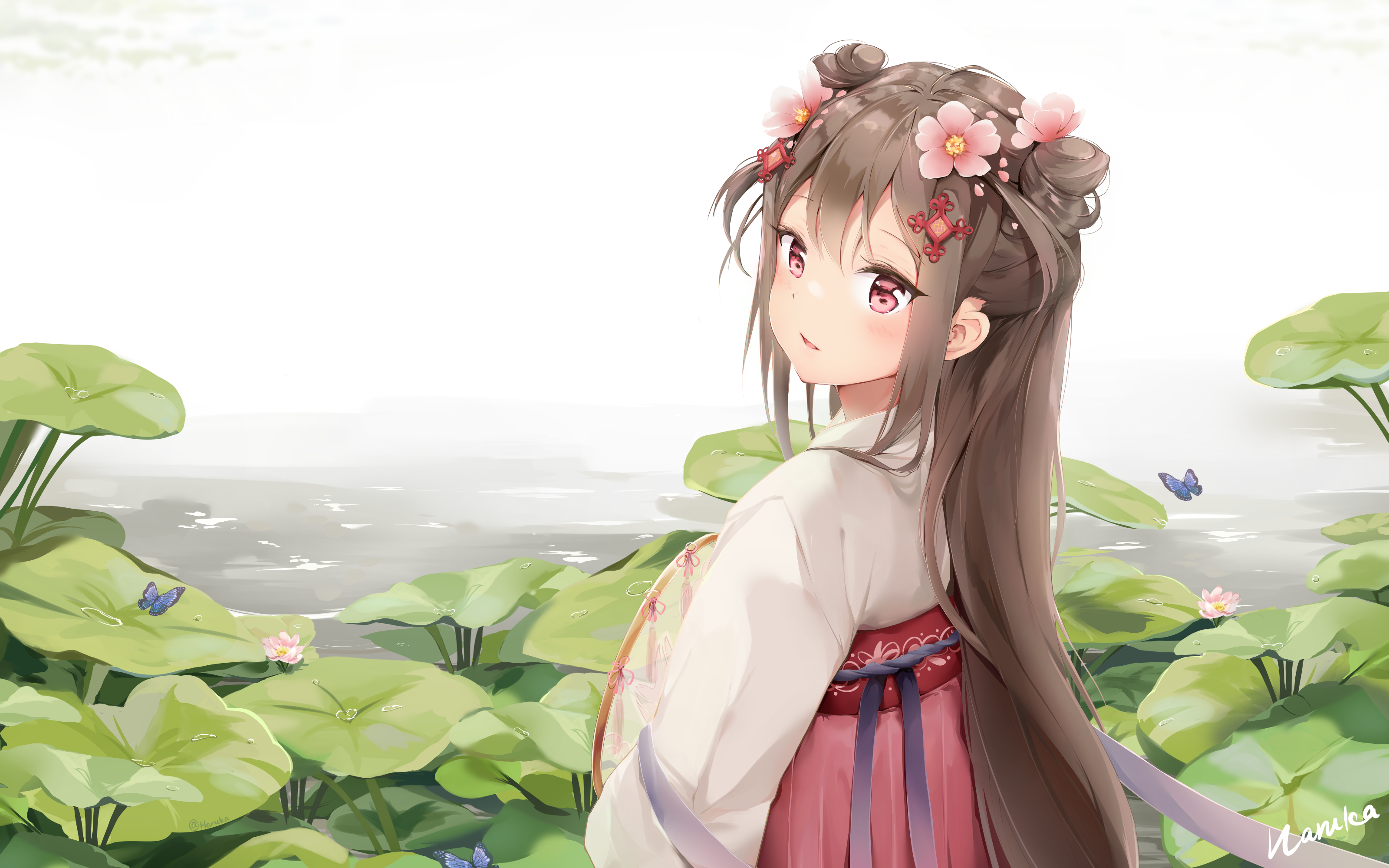 Anime girl with flowers in hair by a pond HD Wallpaper