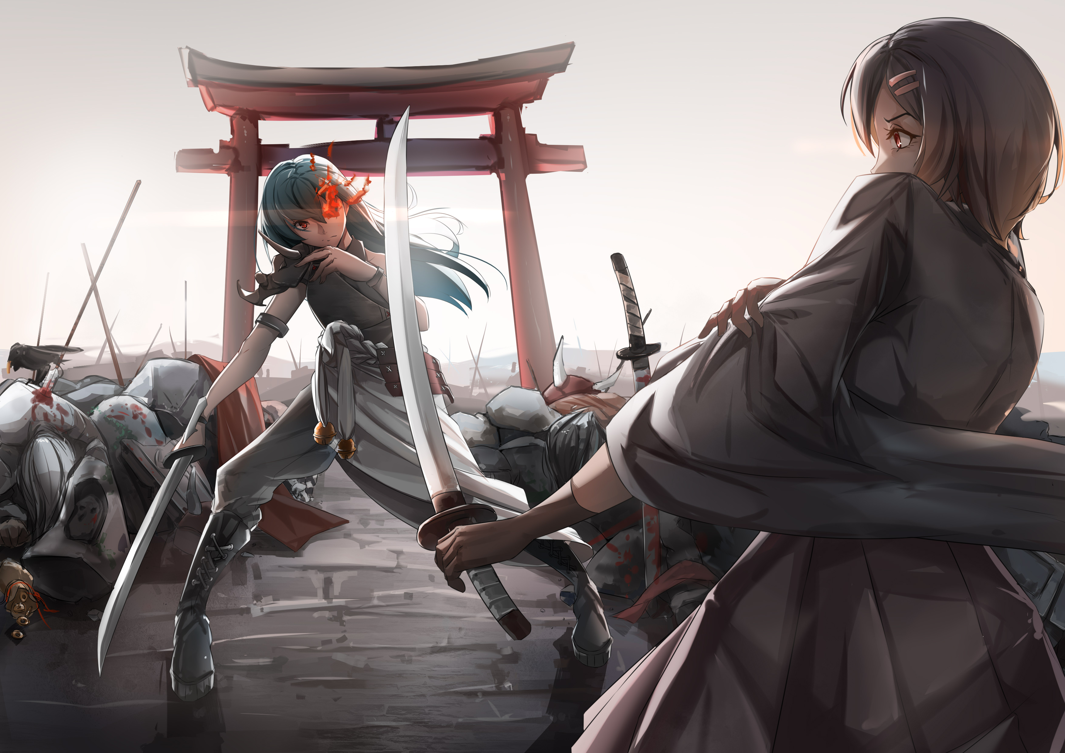 Two anime girls with swords in a battlefield HD Wallpaper