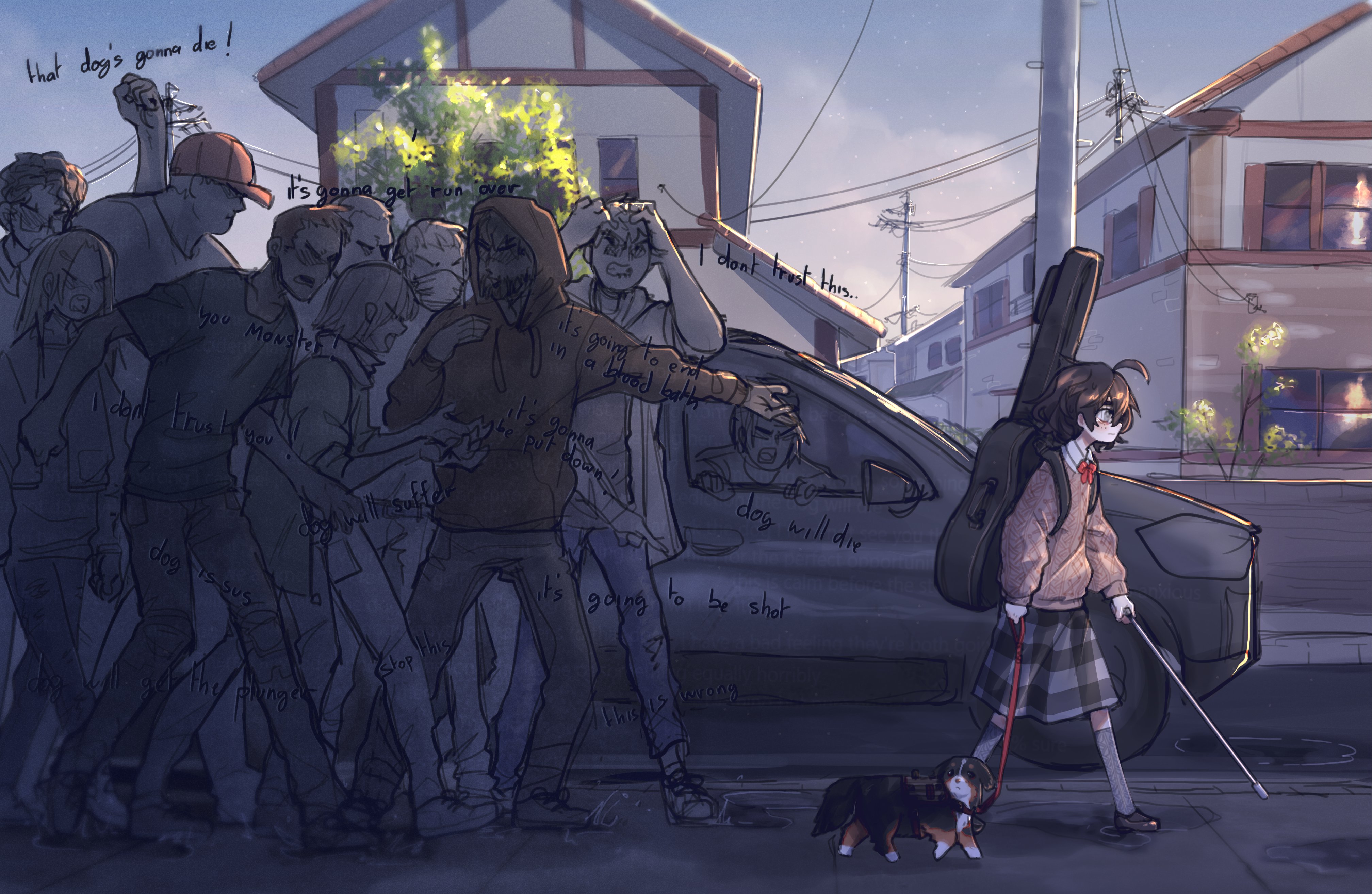 Girl with dog and guitar case faces angry mob HD Wallpaper