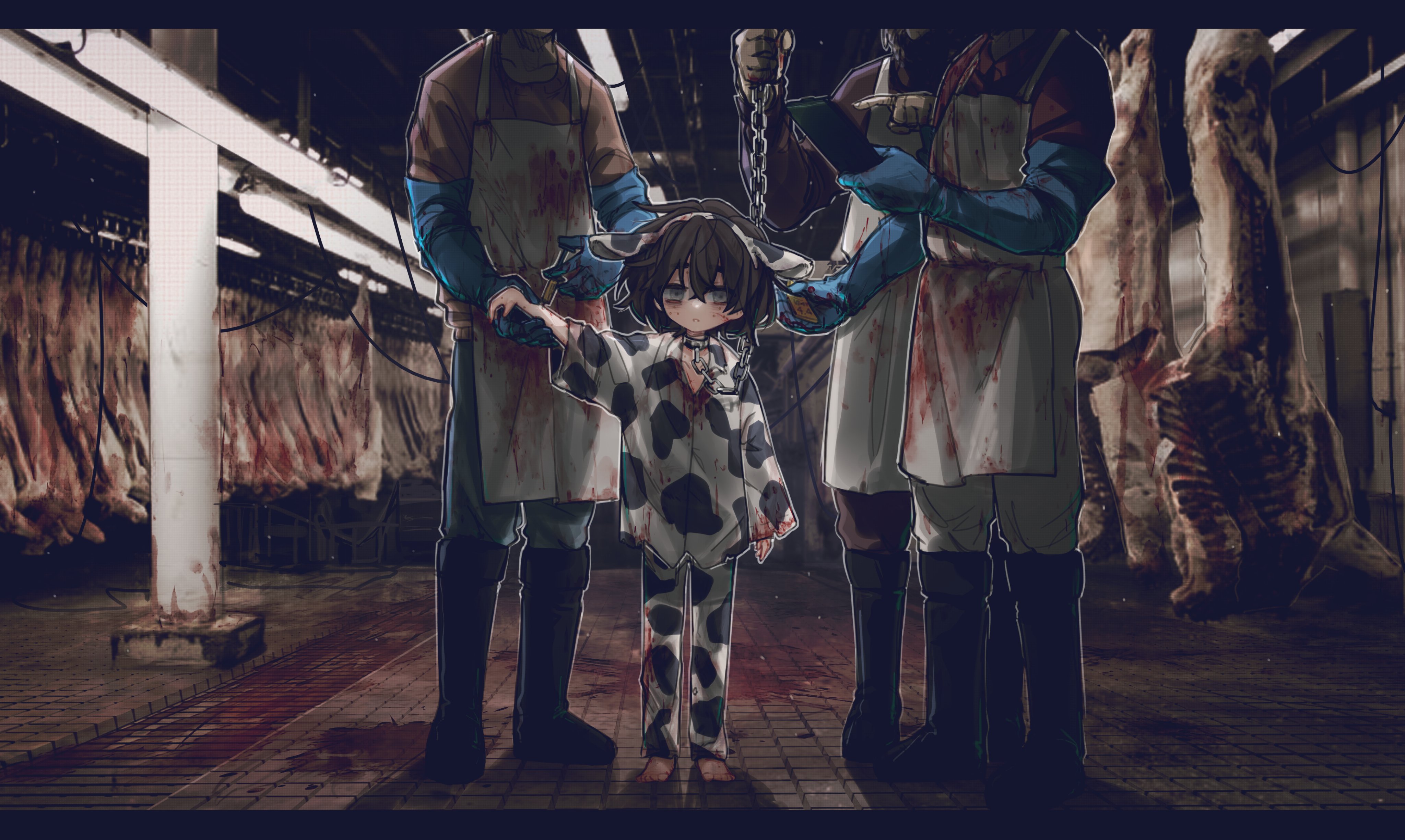 Child in cow costume in a meat processing plant HD Wallpaper