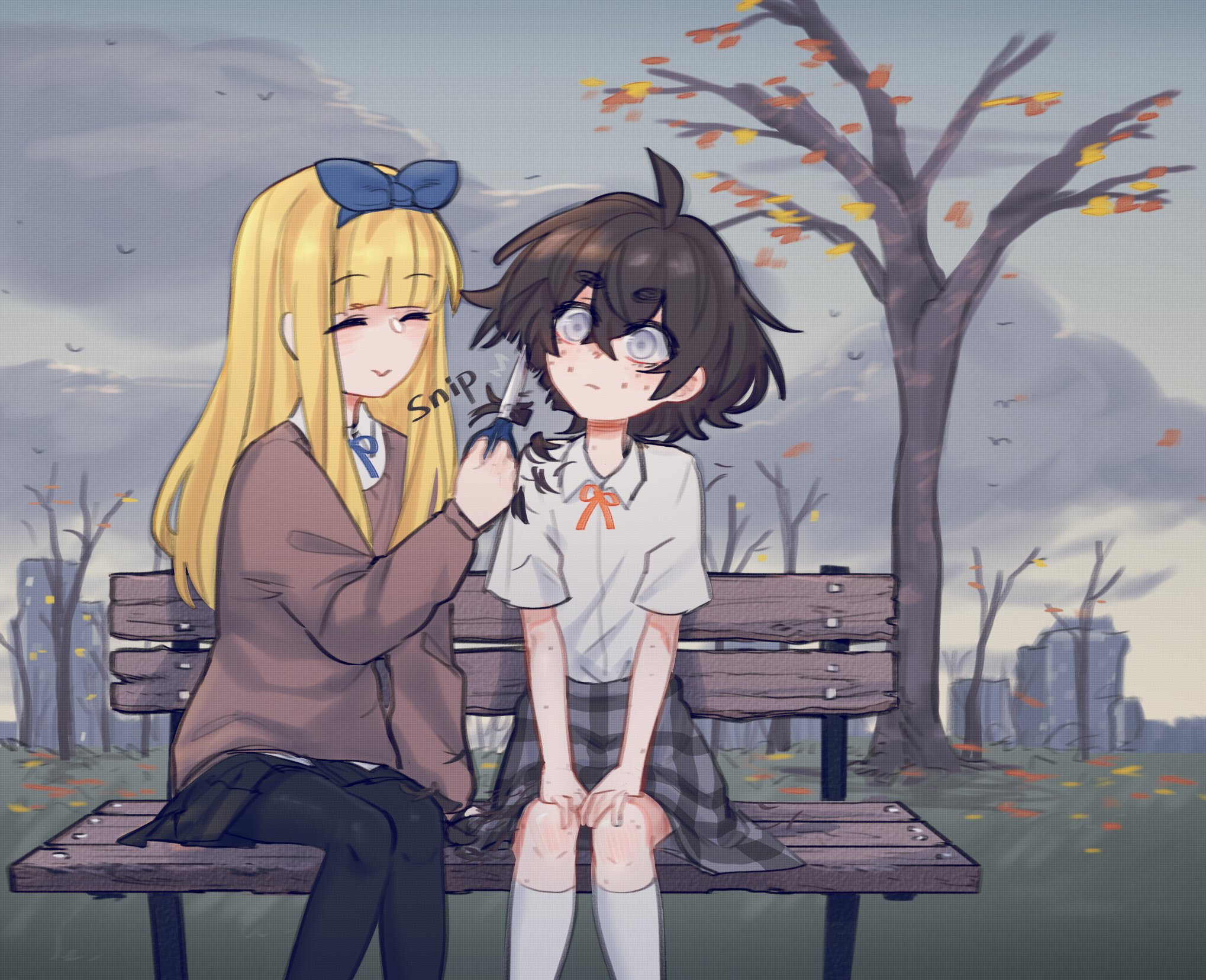 Two girls sitting on a park bench, one cutting the other's hair HD Wallpaper