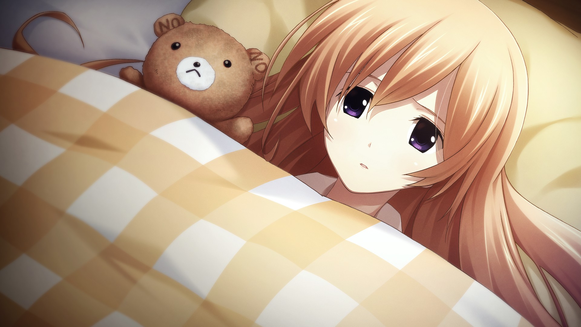 Nono Kurusu with a teddy bear in bed HD Wallpaper