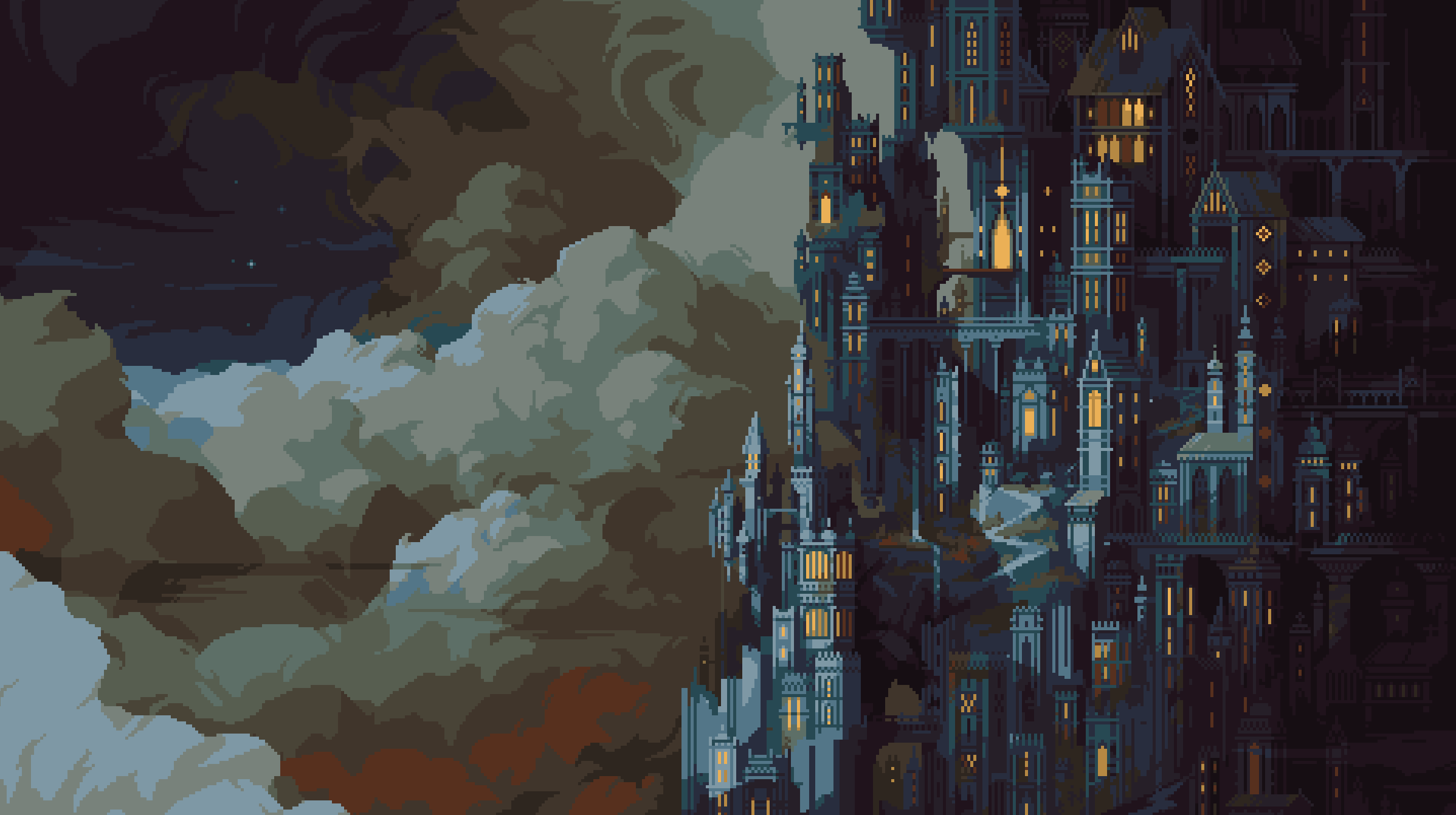 Loot River pixel art cityscape with clouds HD Wallpaper