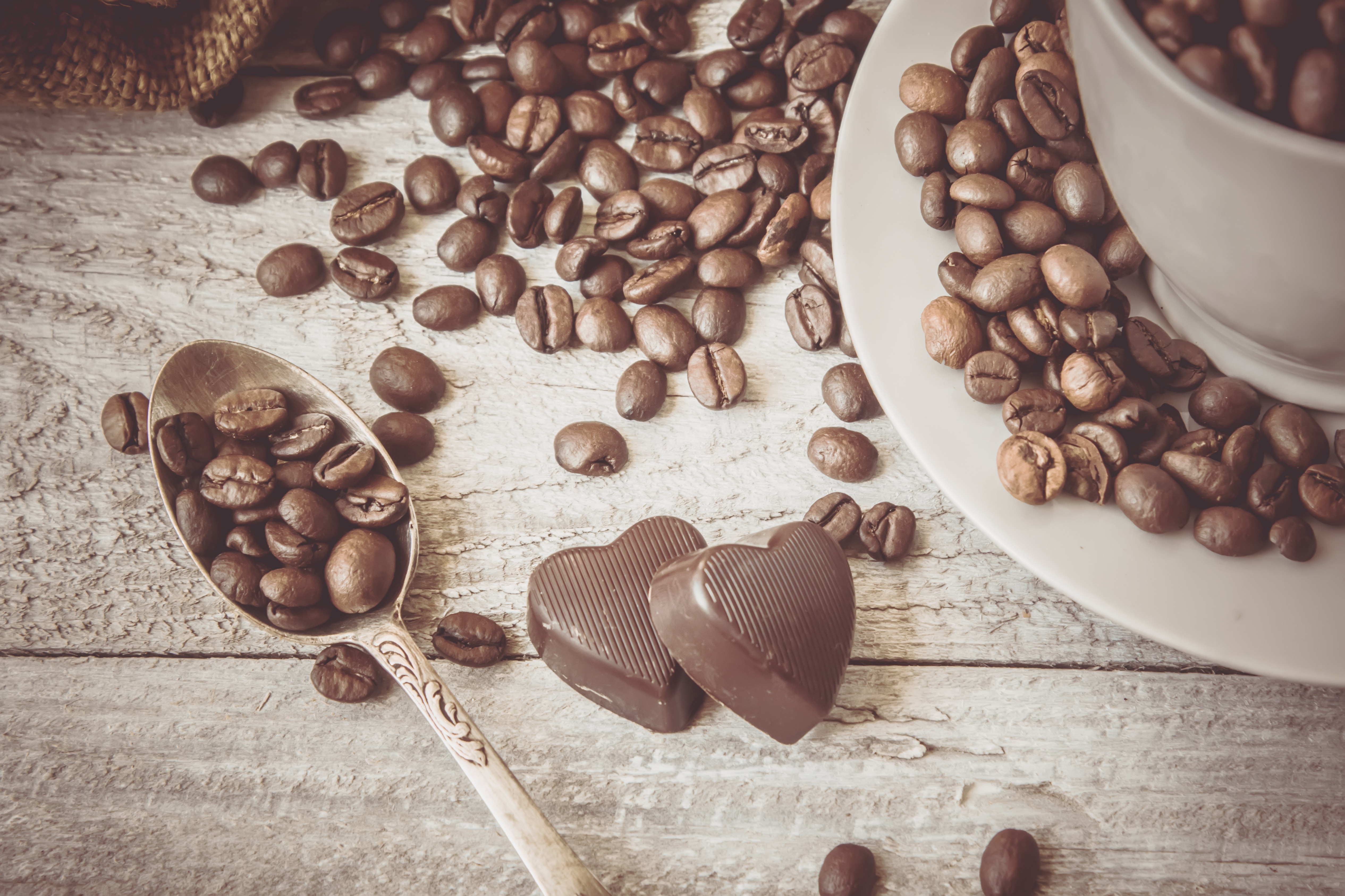 Coffee Beans and Heart-Shaped Chocolates Still Life HD Wallpaper