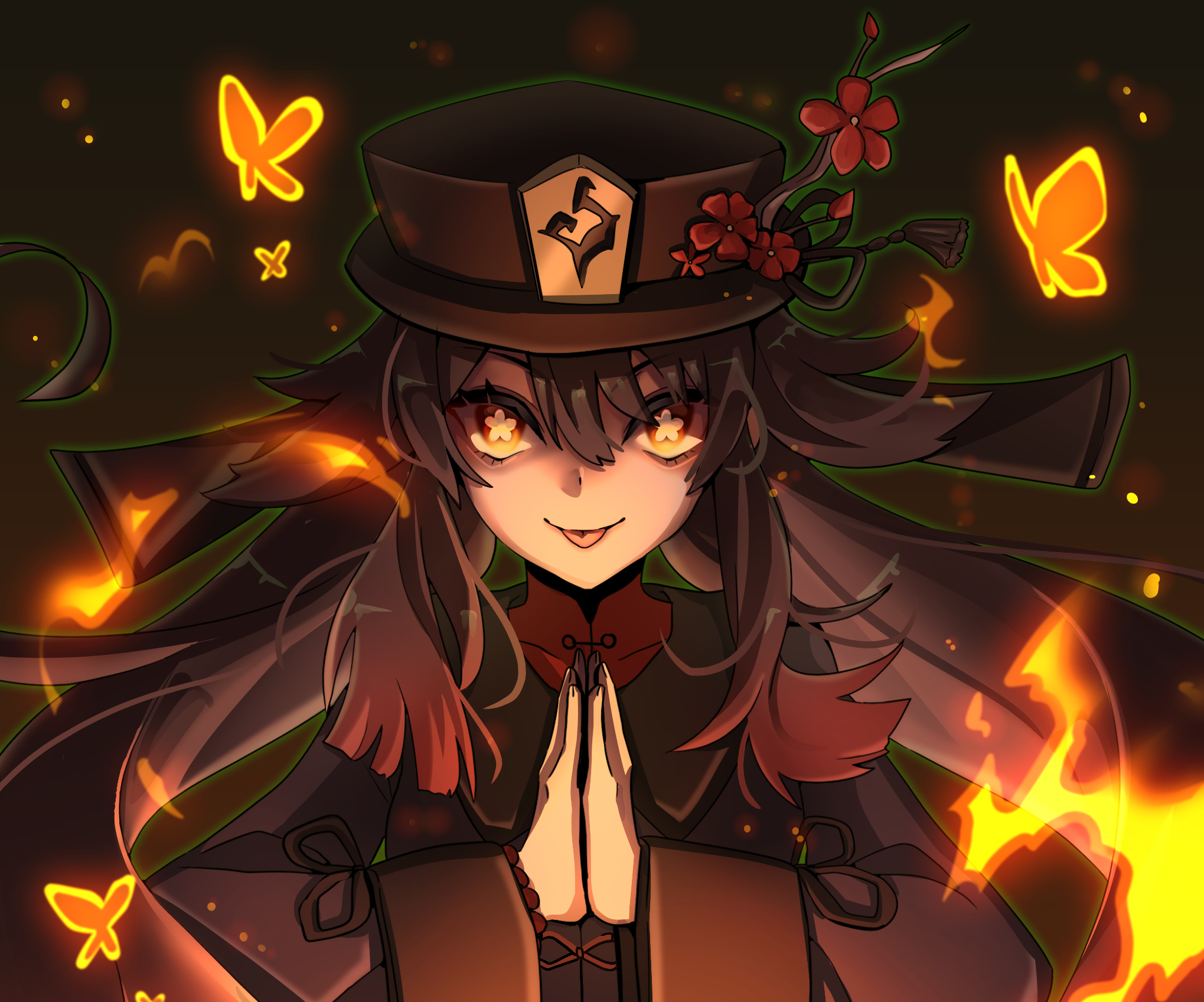 Hu Tao from Genshin Impact with butterflies and fire HD Wallpaper