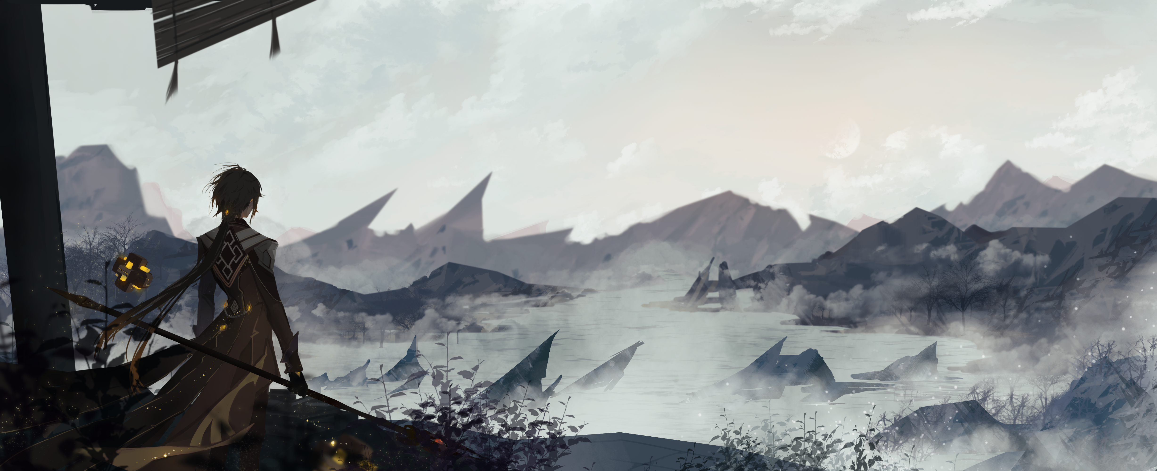 Zhongli (Genshin Impact) standing in a misty landscape HD Wallpaper