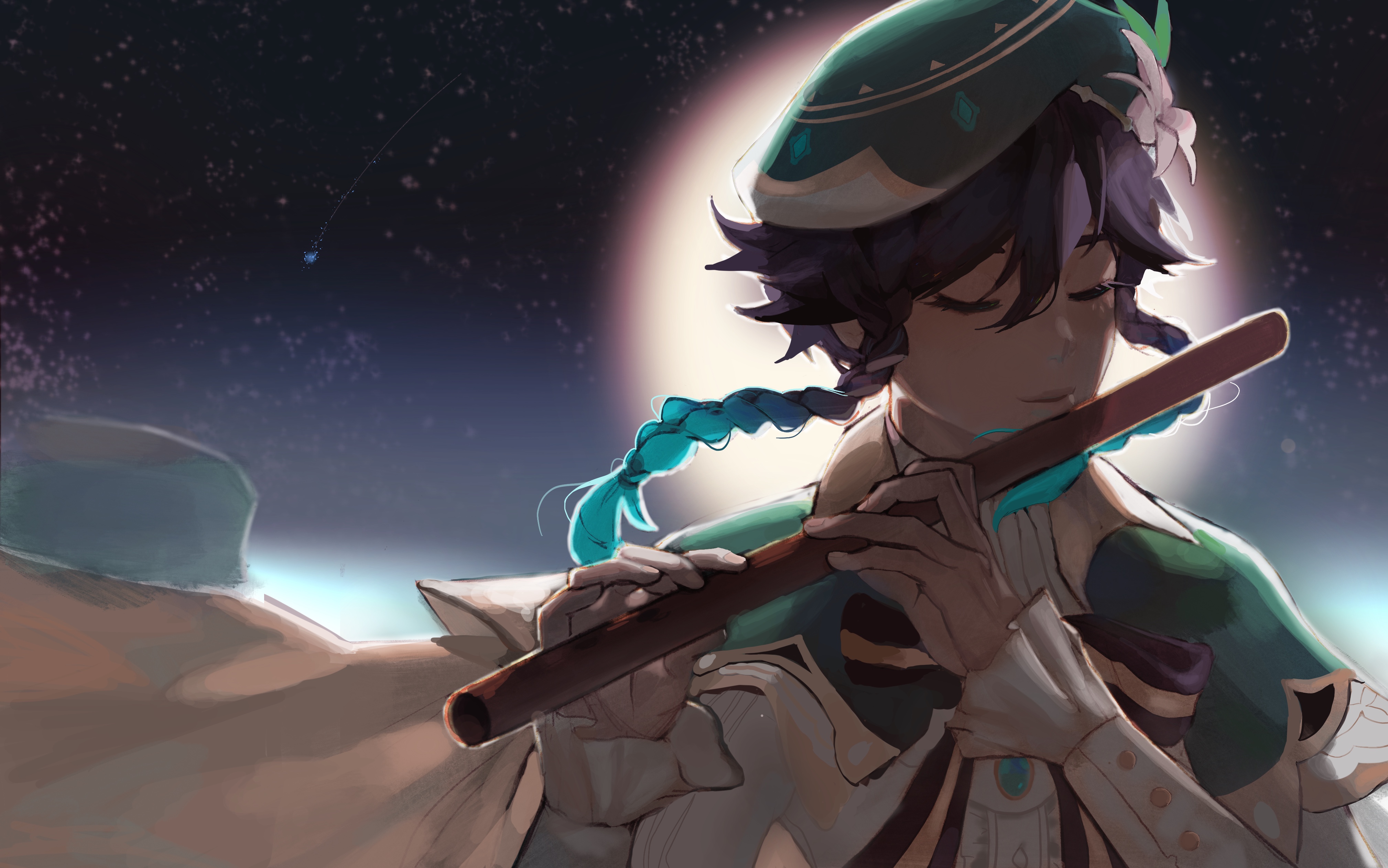 Venti (Genshin Impact) playing flute under the moon HD Wallpaper