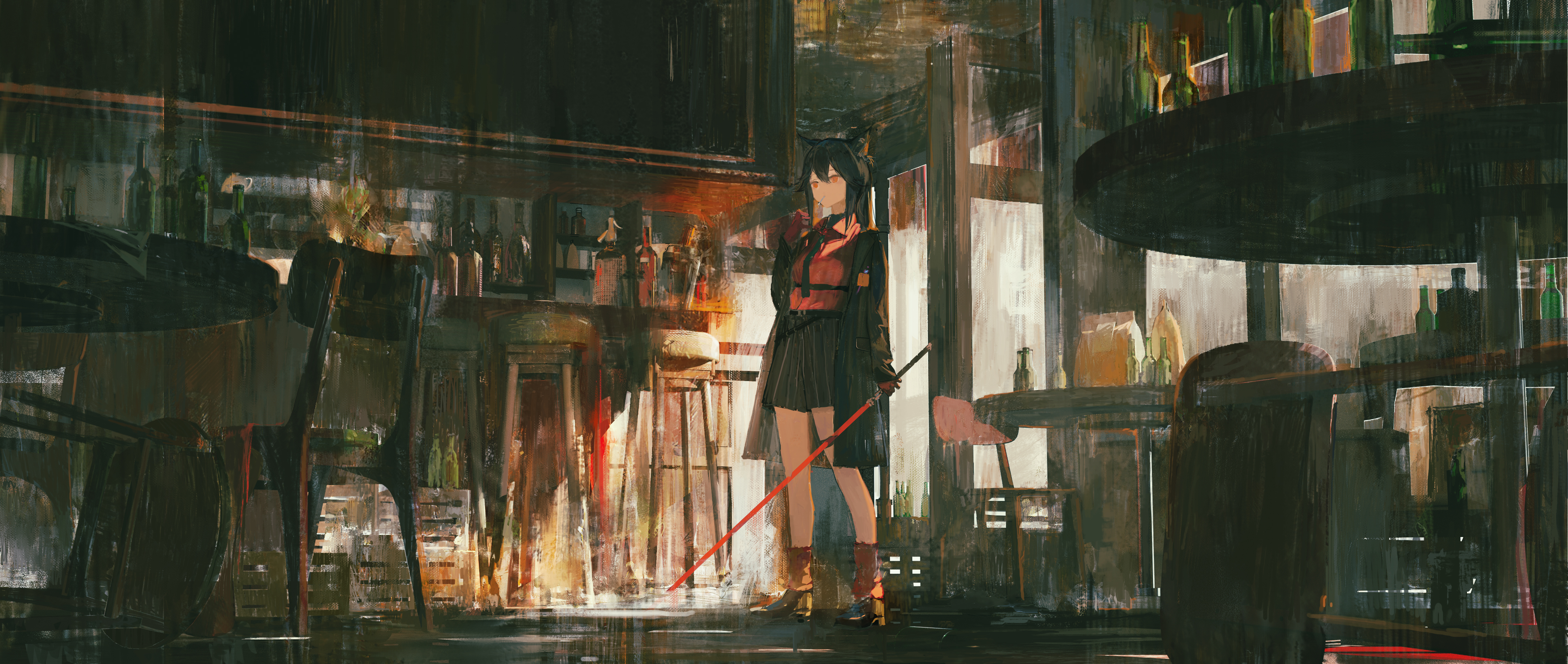 Texas from Arknights in a bar holding a sword HD Wallpaper