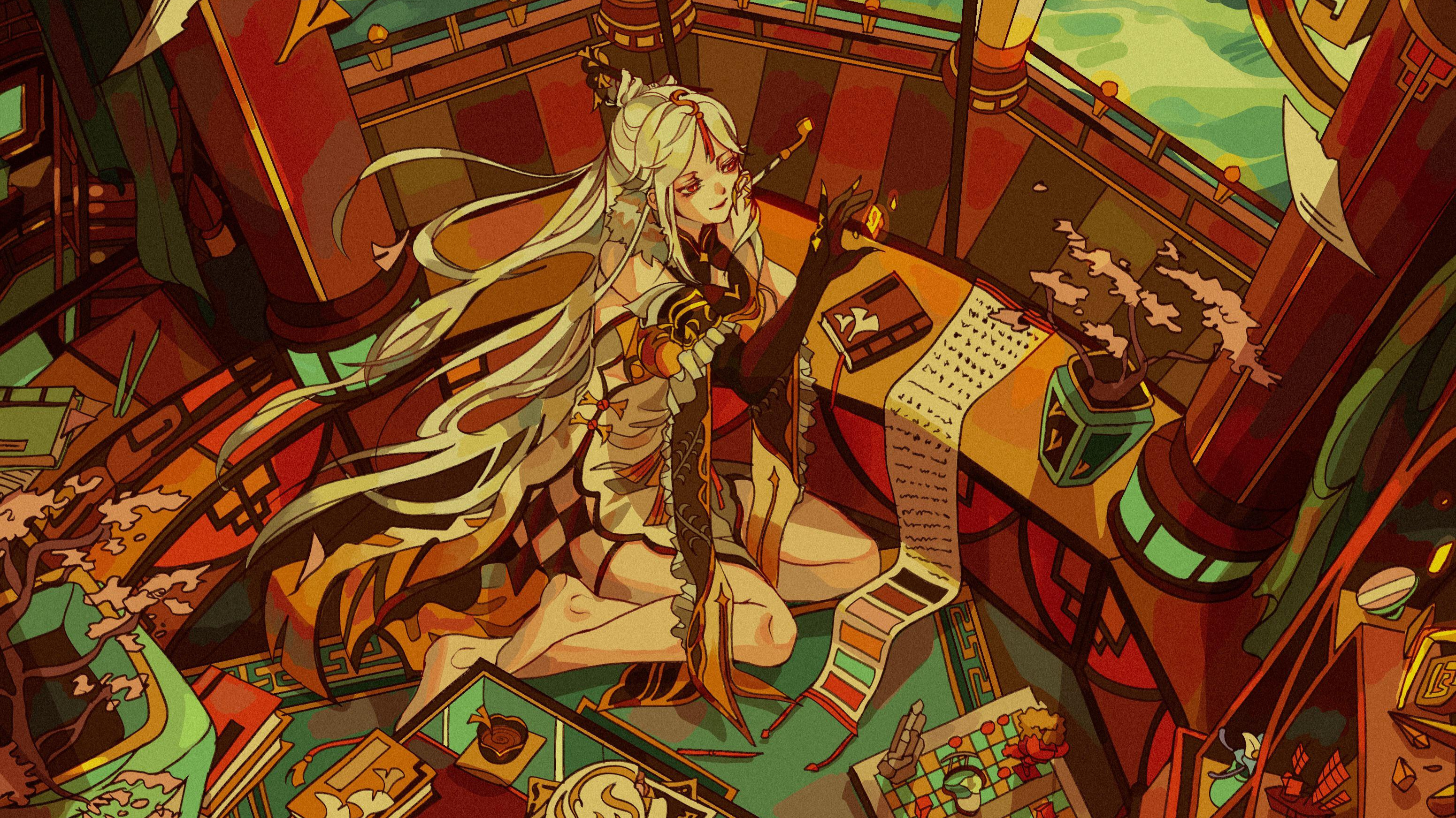 Ningguang from Genshin Impact at a desk HD Wallpaper