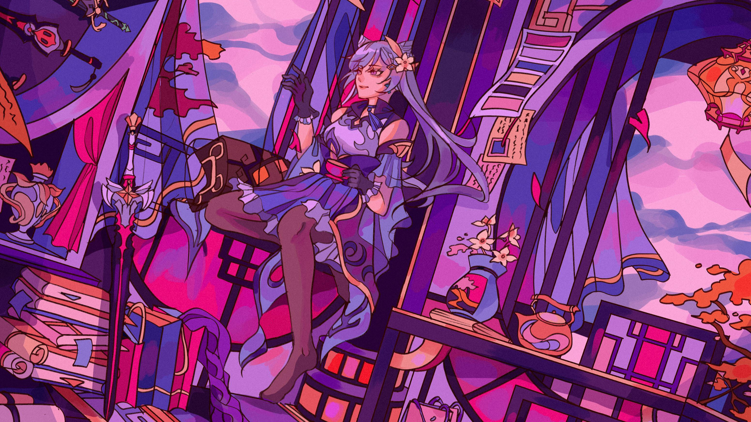 Keqing from Genshin Impact sitting with tea HD Wallpaper