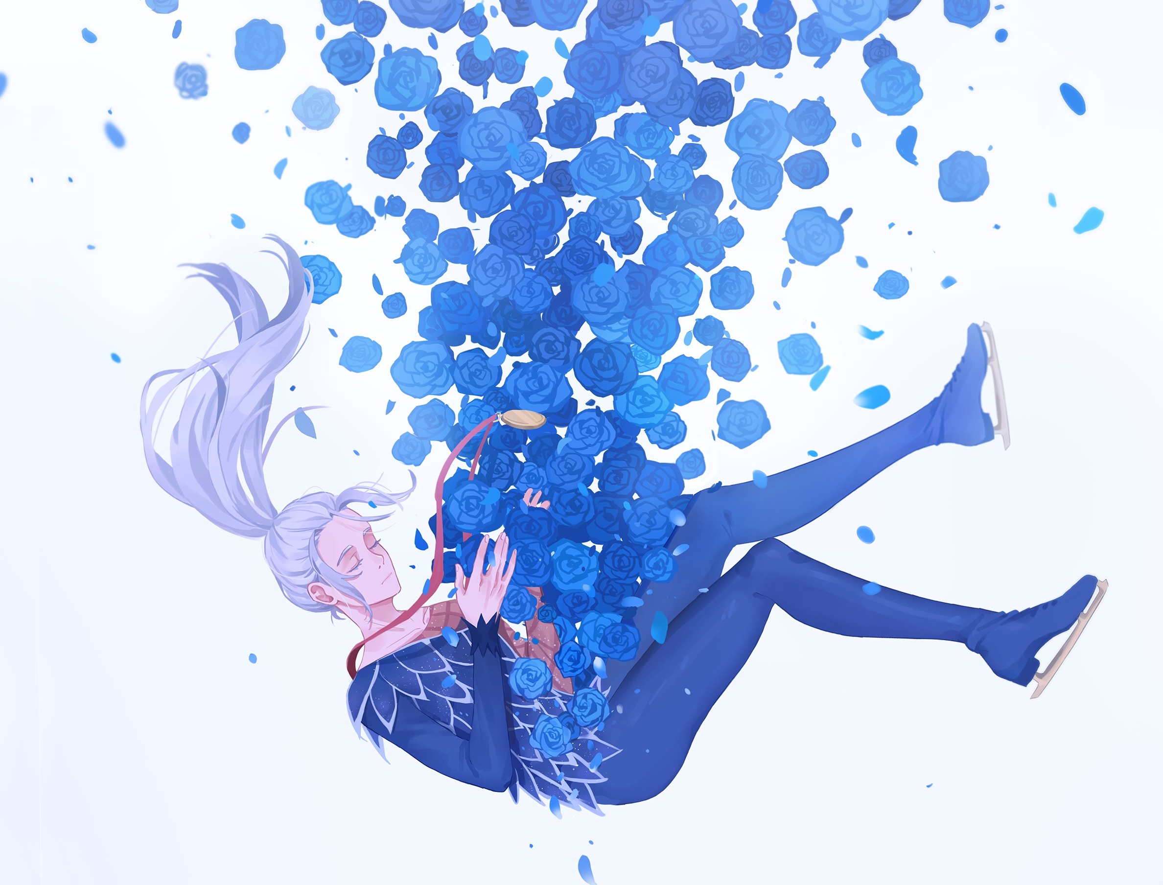 Victor Nikiforov falling amidst blue roses HD Wallpaper