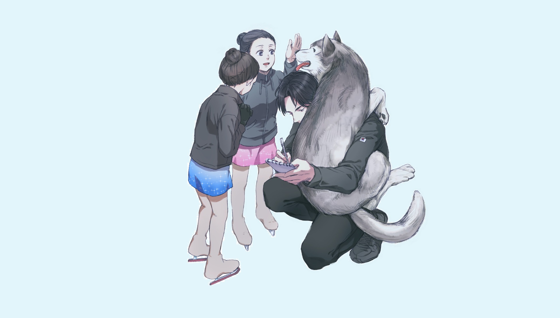 Seung-gil Lee with a dog and two skaters HD Wallpaper