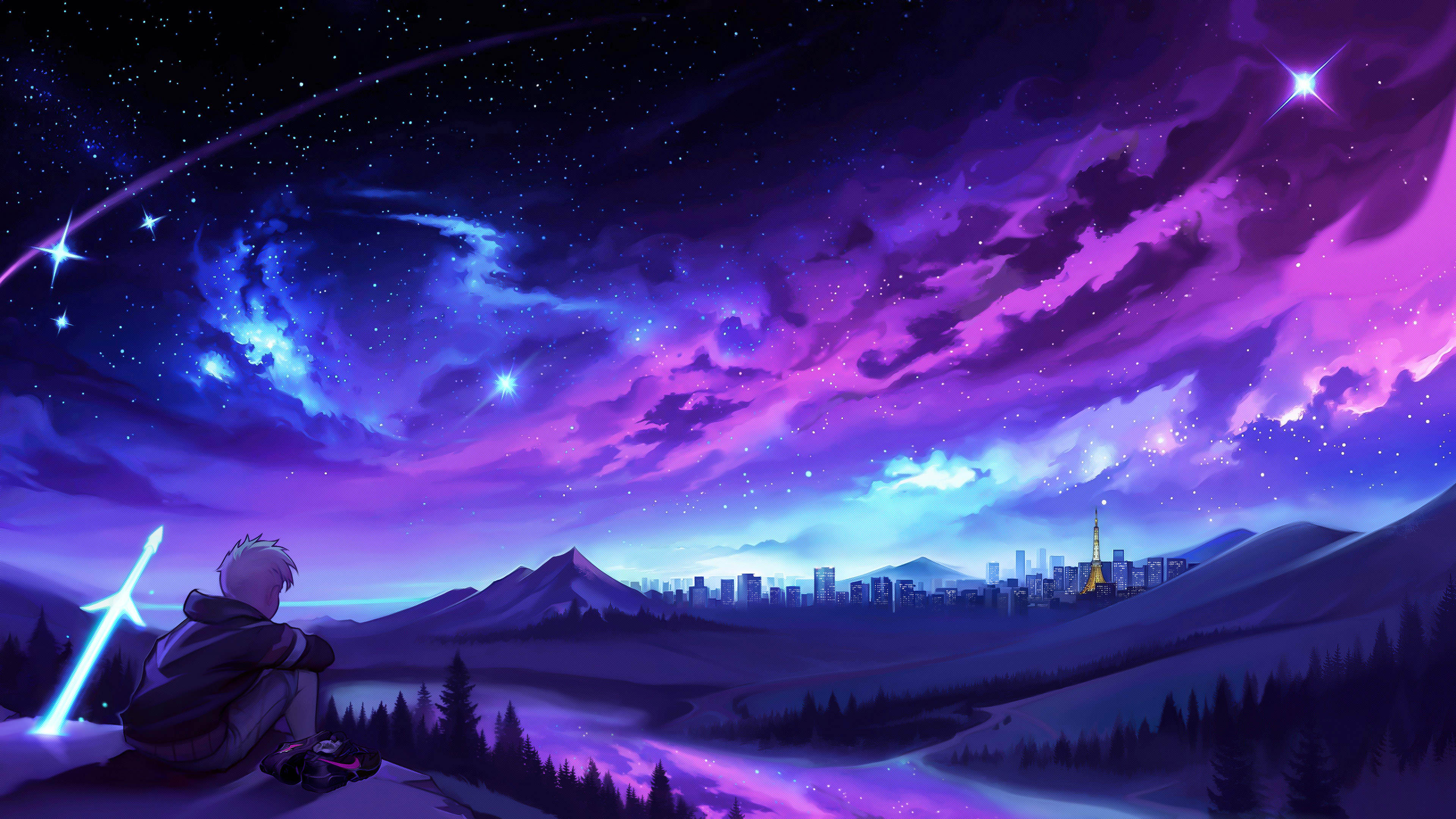 Man watches a colorful night sky over a city HD Wallpaper