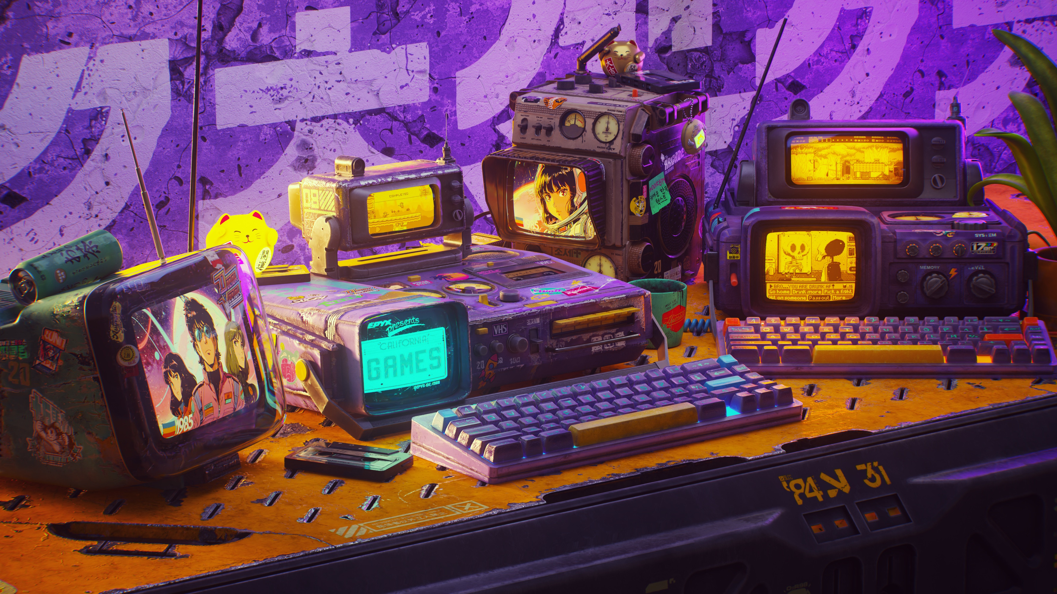 Retro-futuristic gaming setup with multiple screens HD Wallpaper