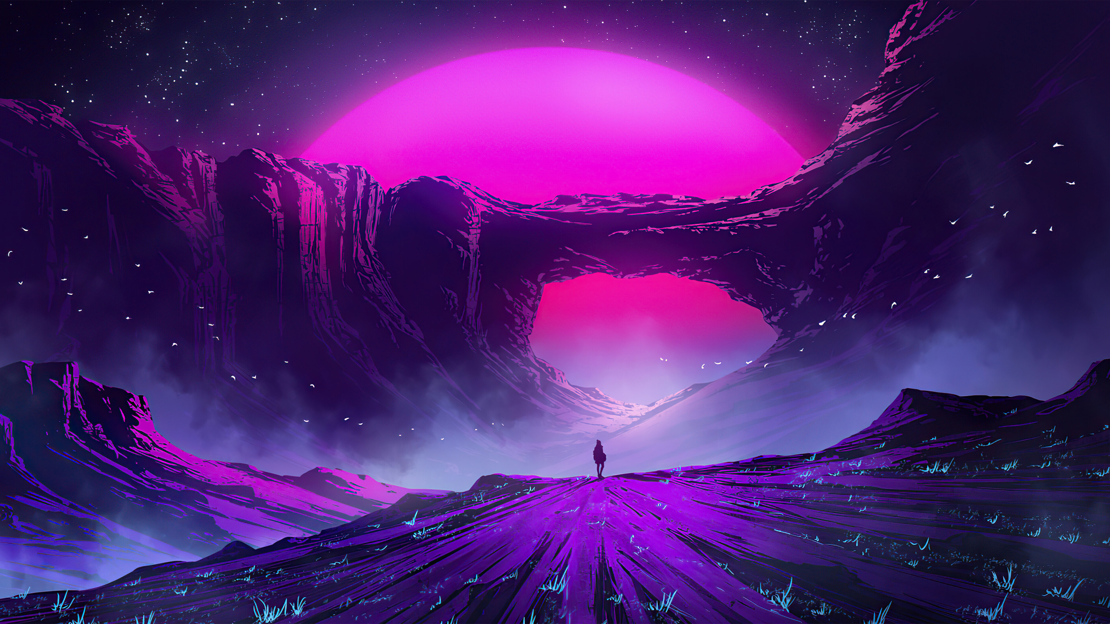 Lone figure stands before a glowing pink sun arch HD Wallpaper