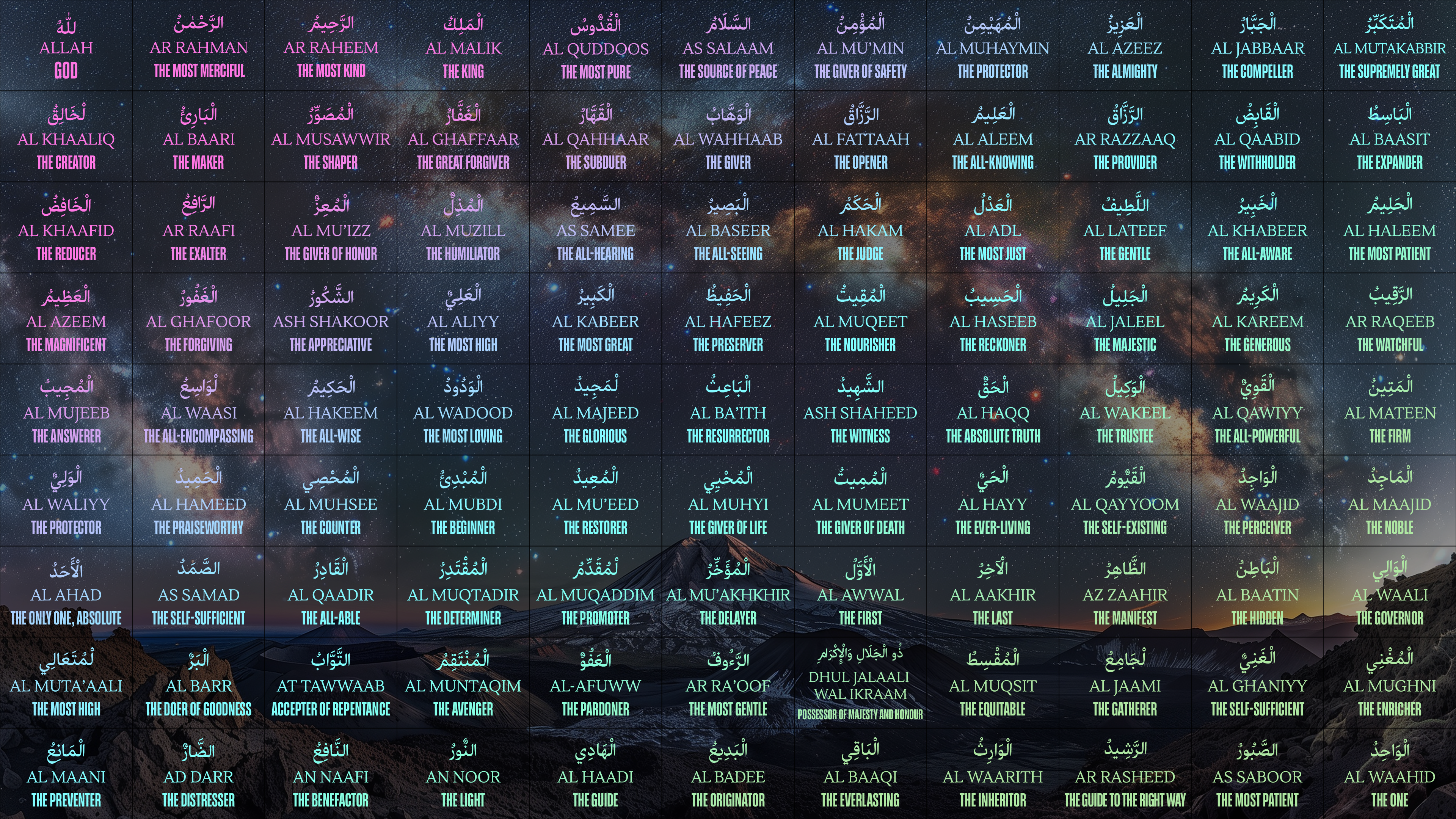 Names of Allah in Arabic Calligraphy with Space Background HD Wallpaper