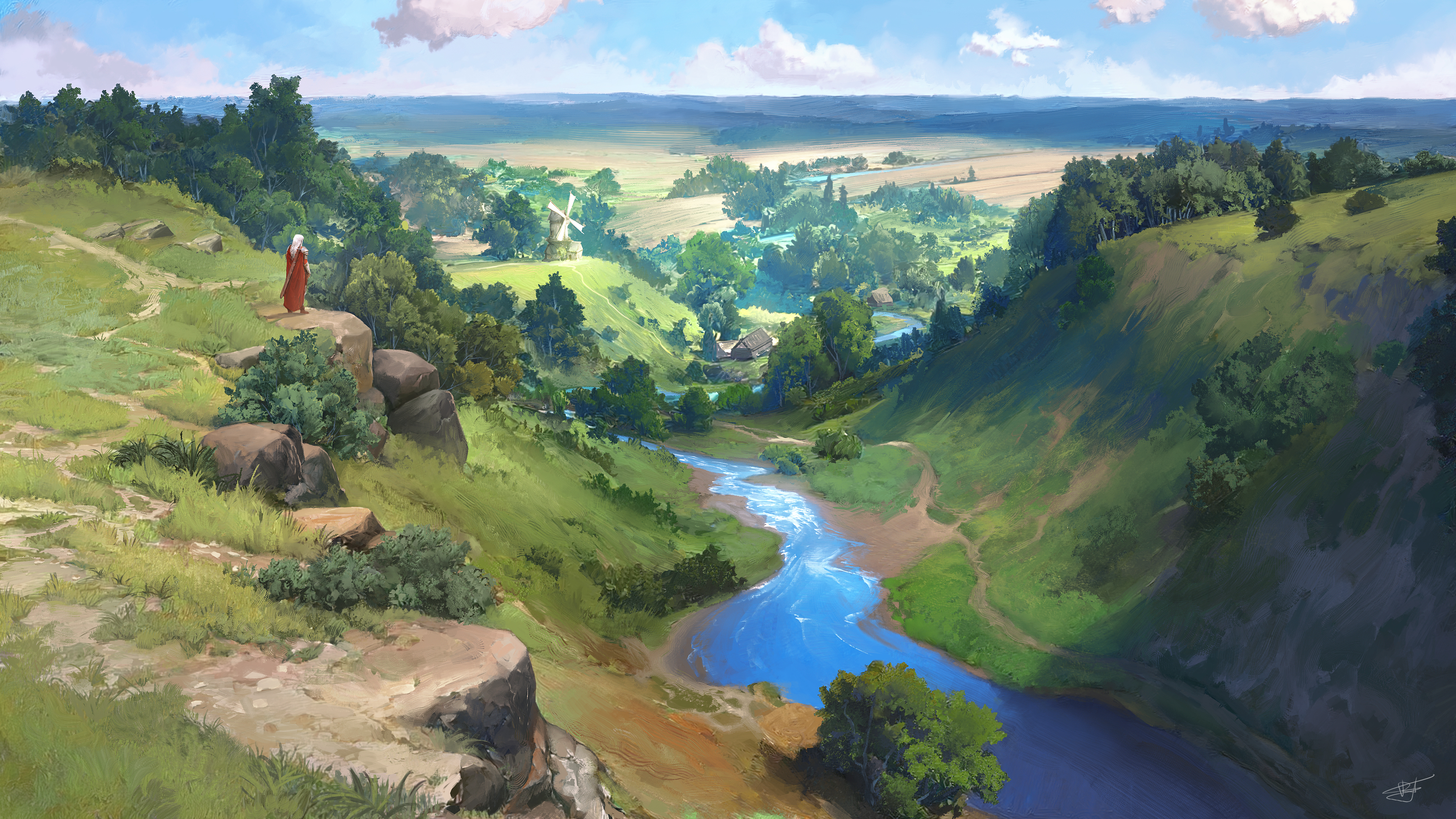 Man in red robe overlooking a valley with a river HD Wallpaper