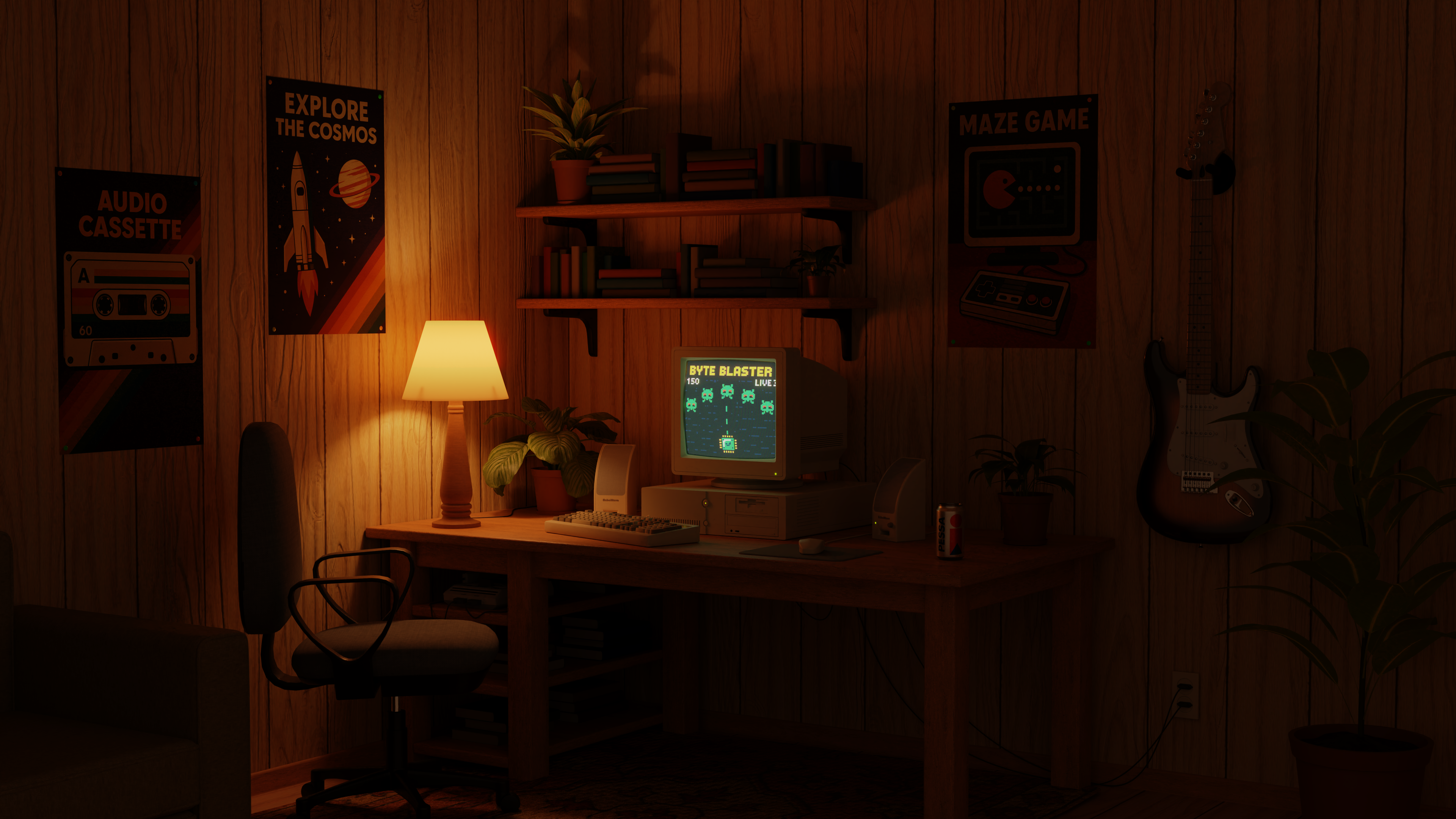 Retro PC gaming setup with guitar and posters HD Wallpaper