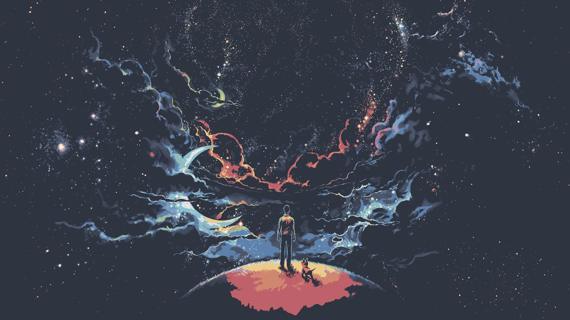 Man and dog on planet looking at nebula HD Wallpaper