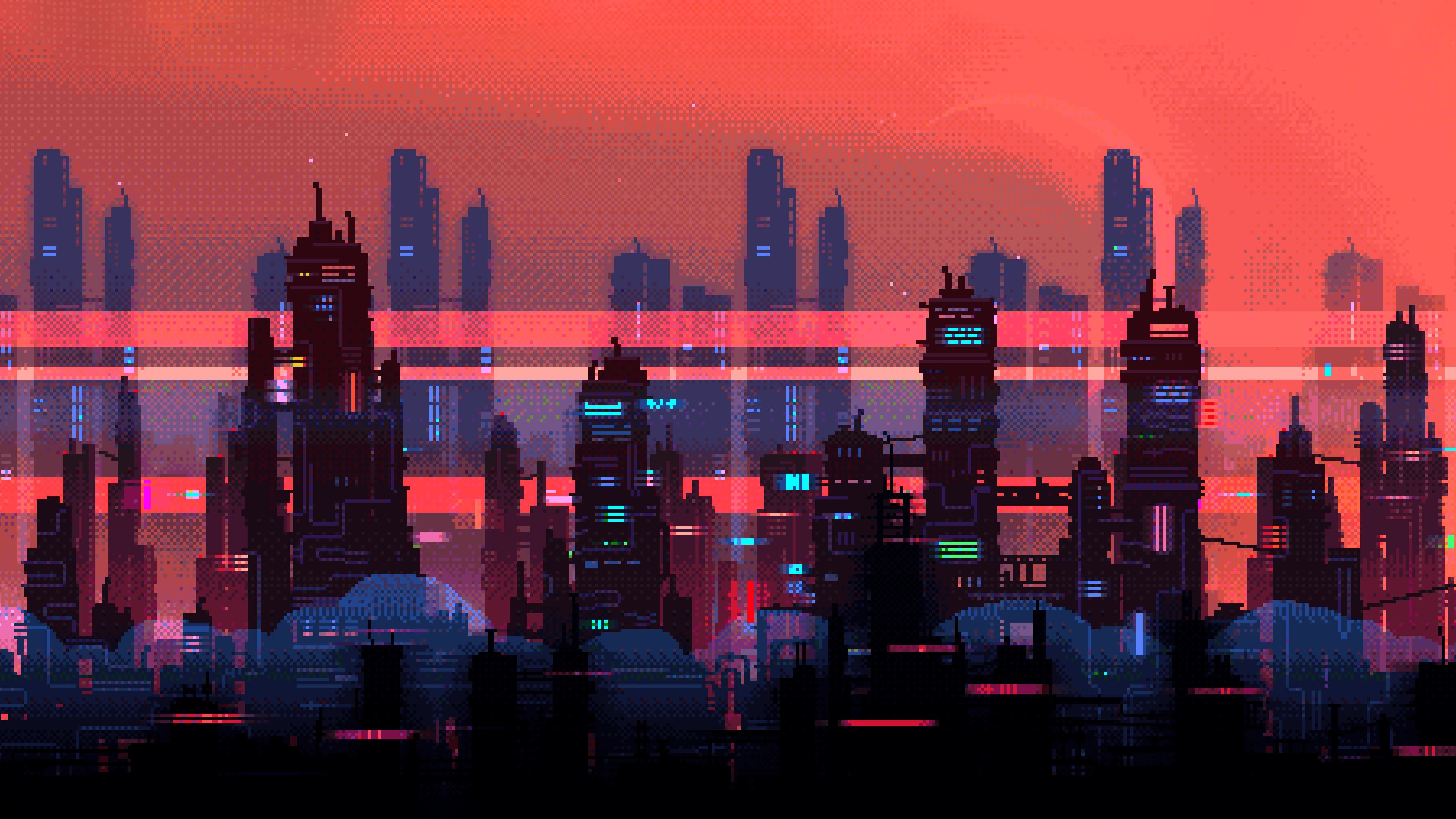 Synthwave Pixel Art Cityscape at Sunset HD Wallpaper