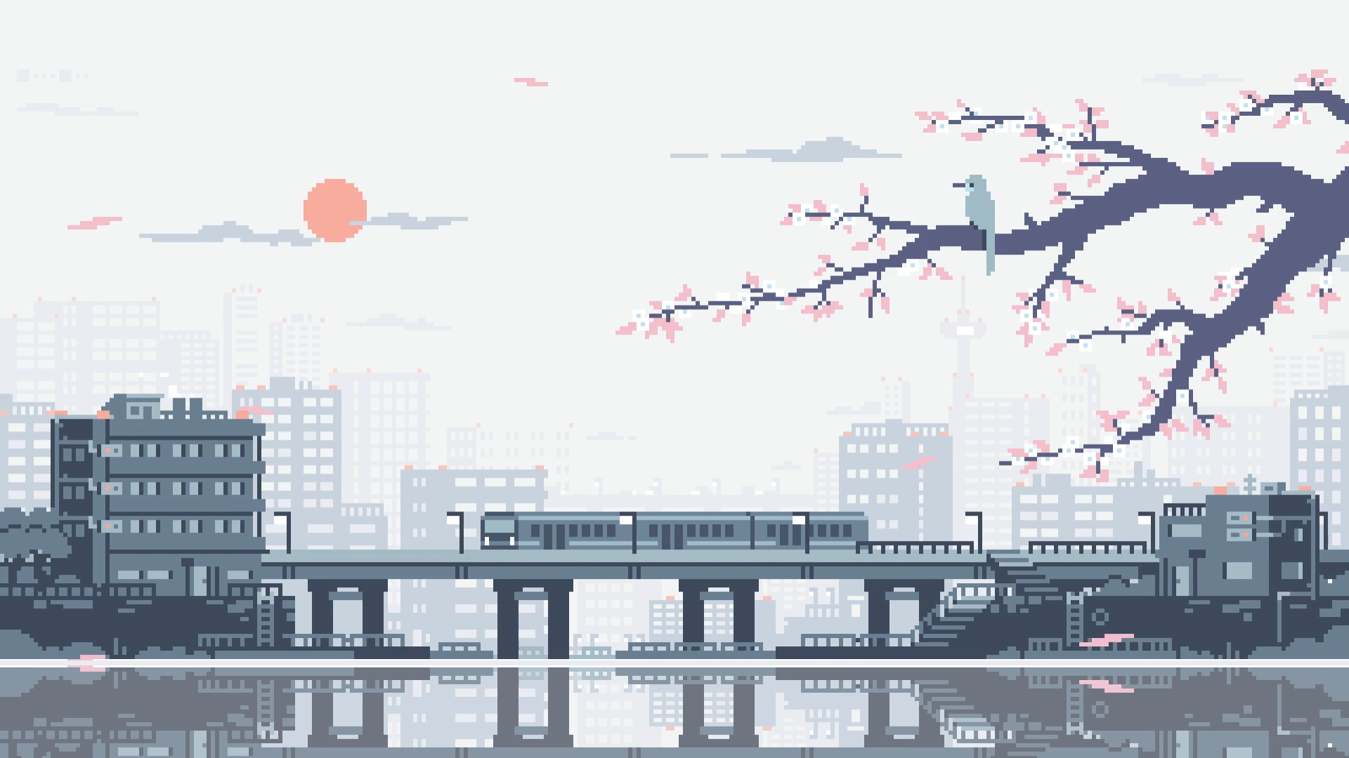 Pixel art train crossing a bridge with cherry blossoms HD Wallpaper