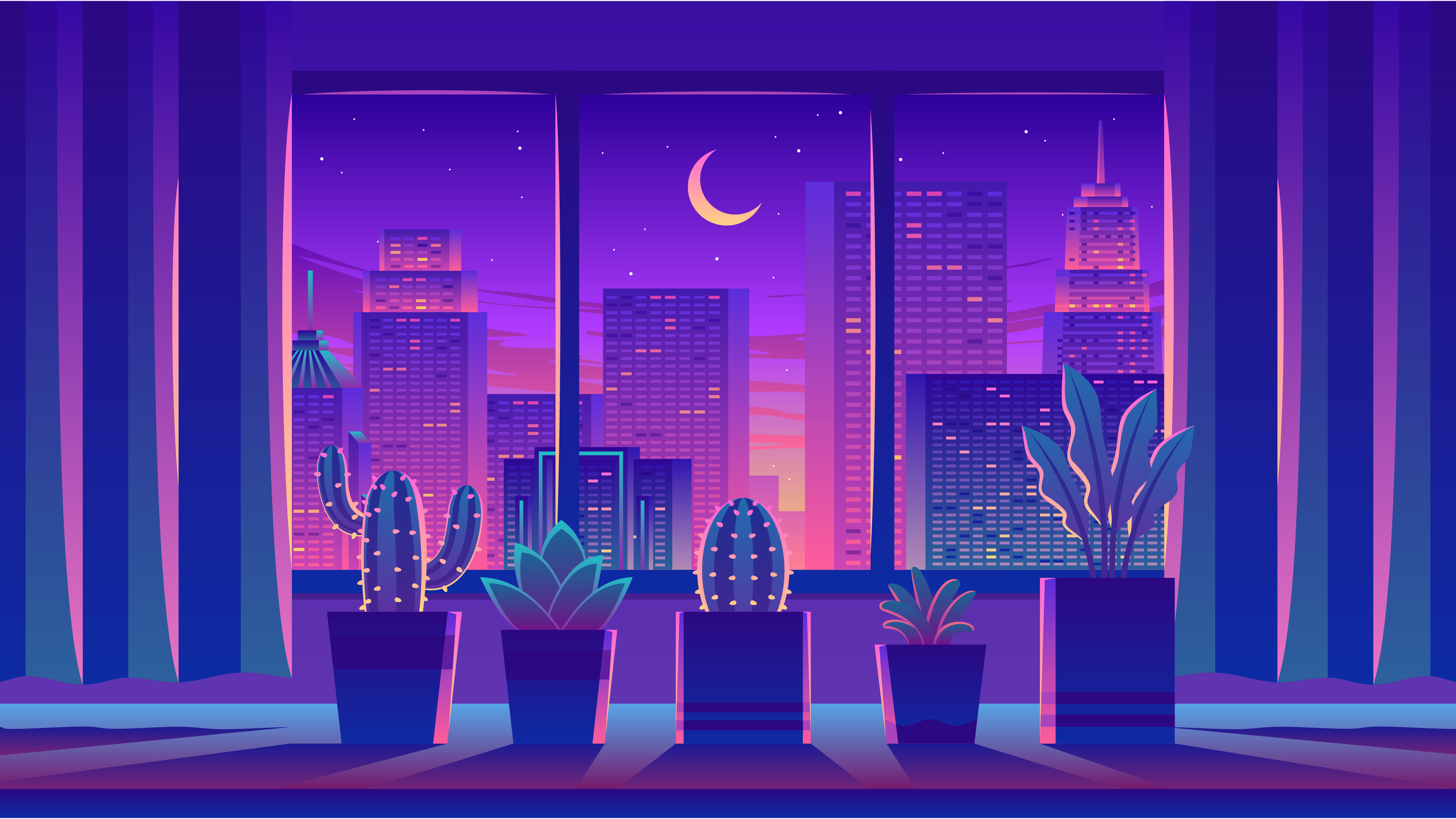 Synthwave cityscape with potted plants on a windowsill HD Wallpaper