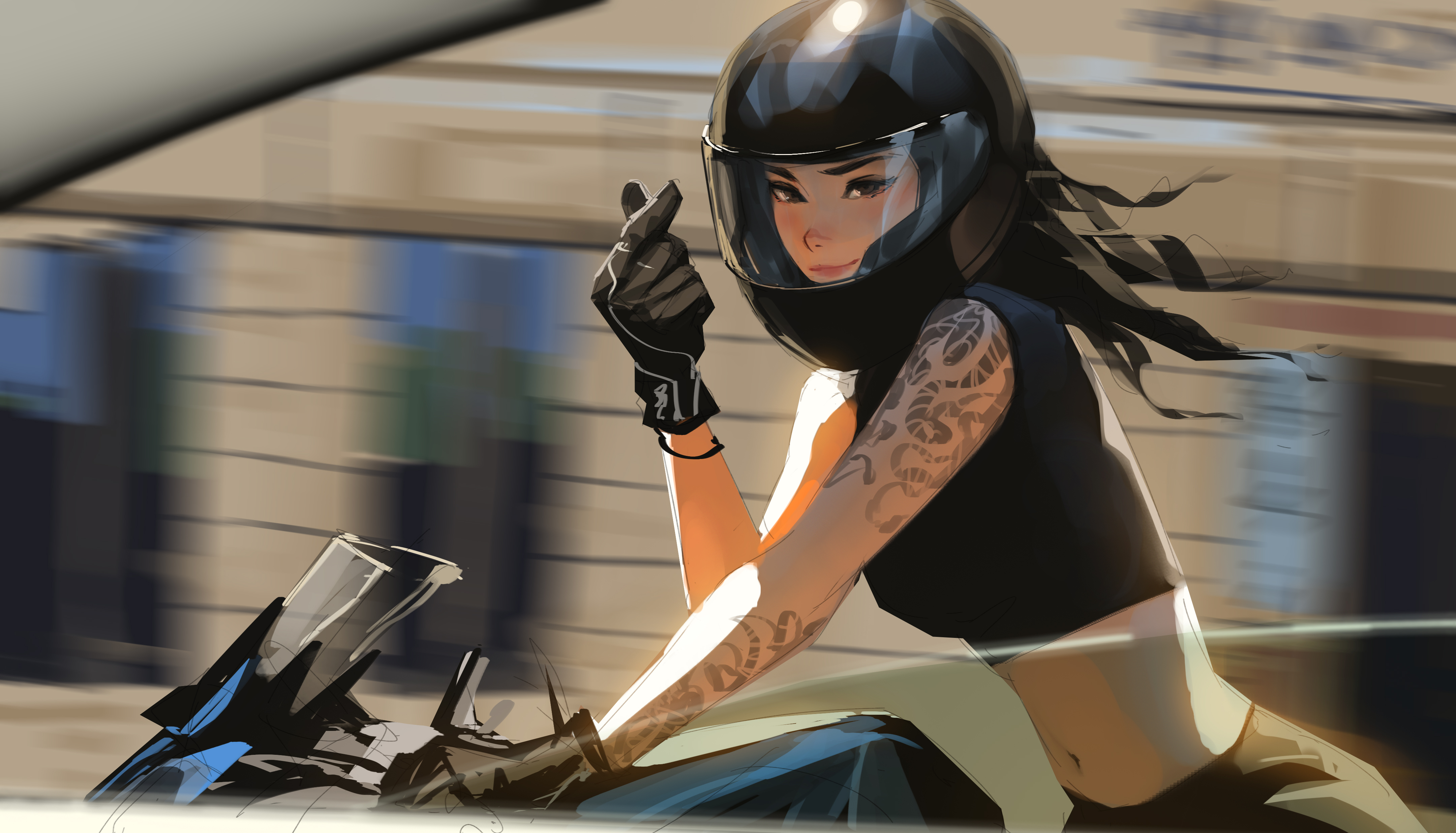 Woman riding a motorcycle with tattoos HD Wallpaper