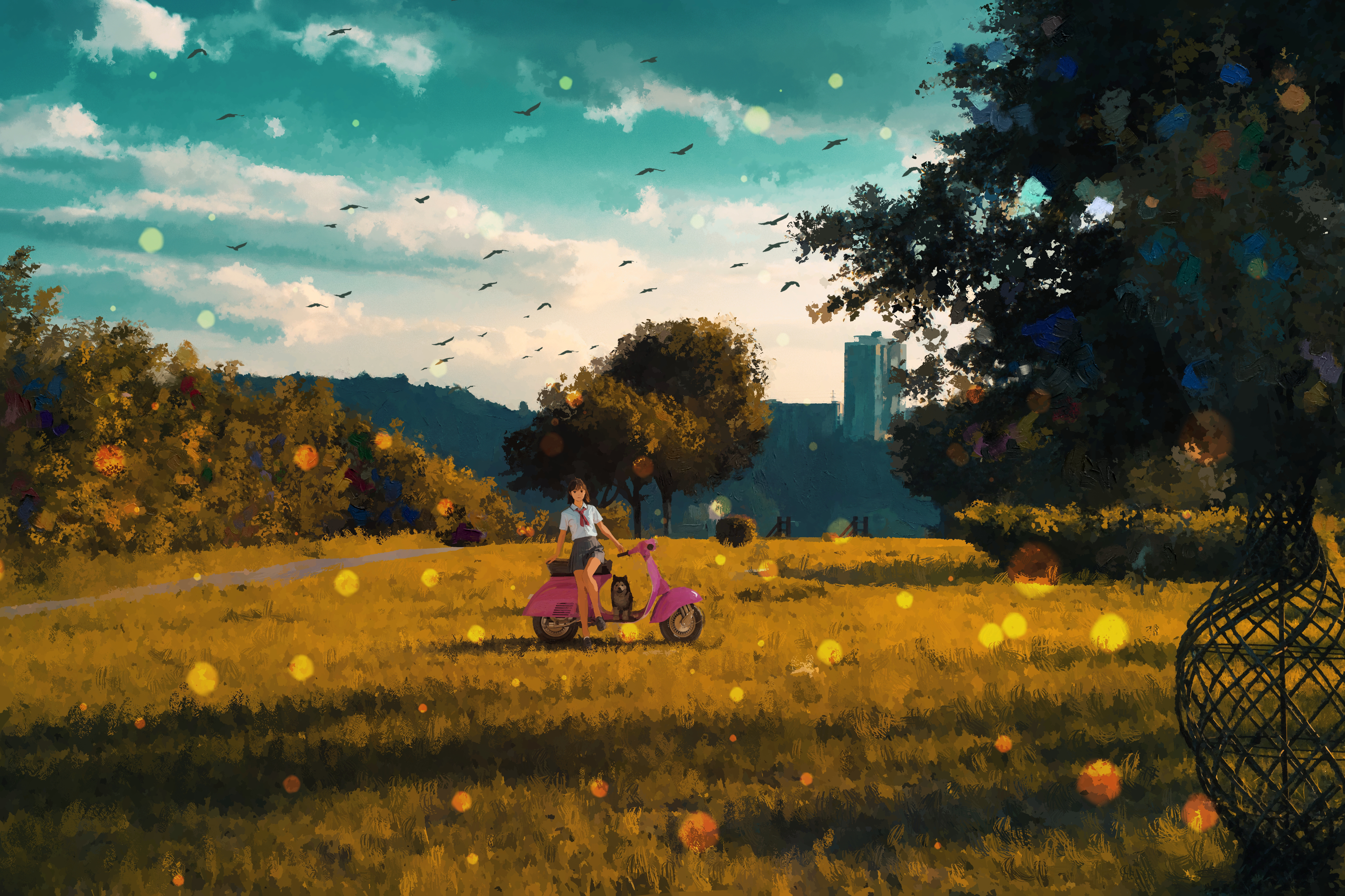 Person riding a pink Vespa through a field HD Wallpaper