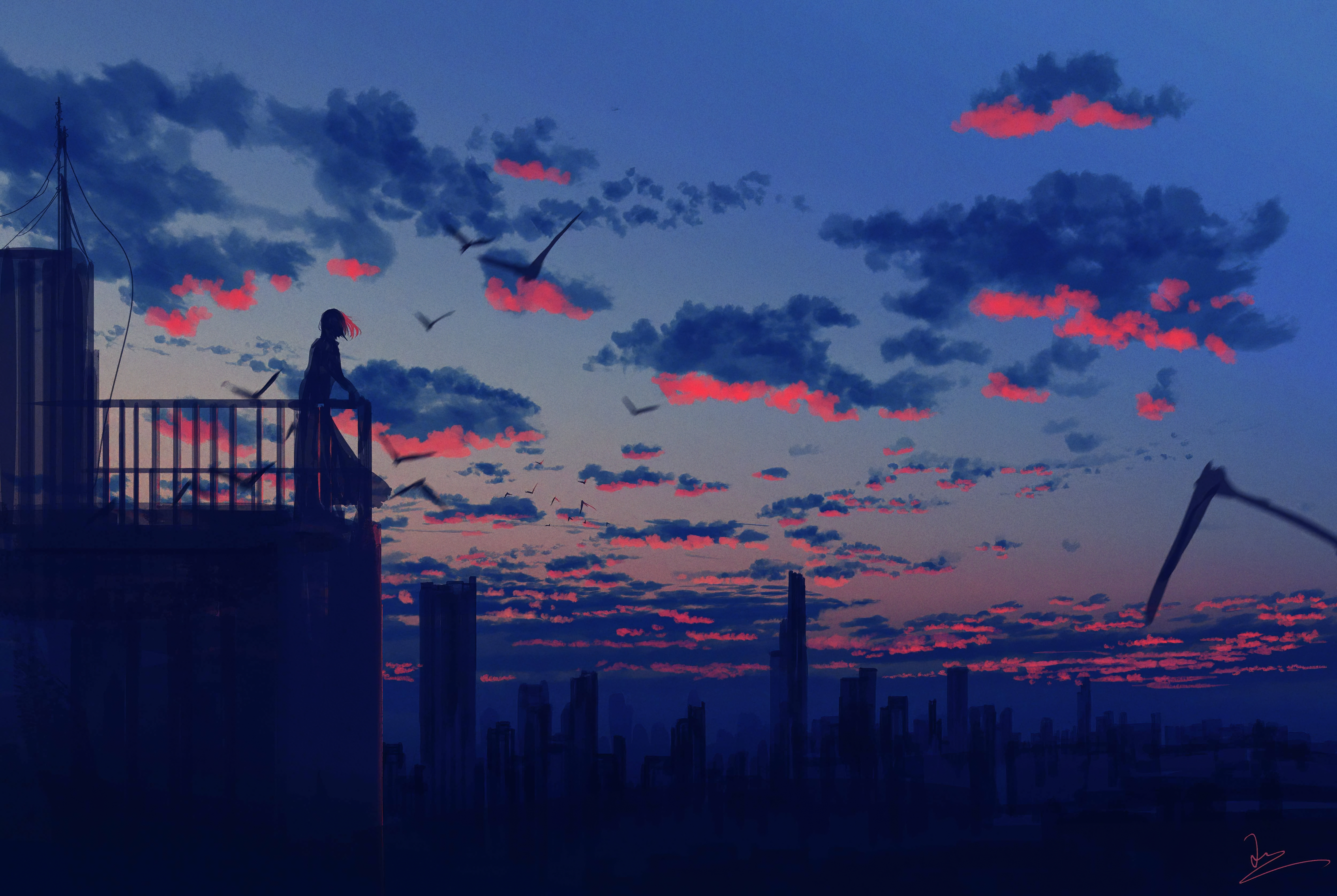 Silhouette of a person on a balcony overlooking a city at sunset HD Wallpaper