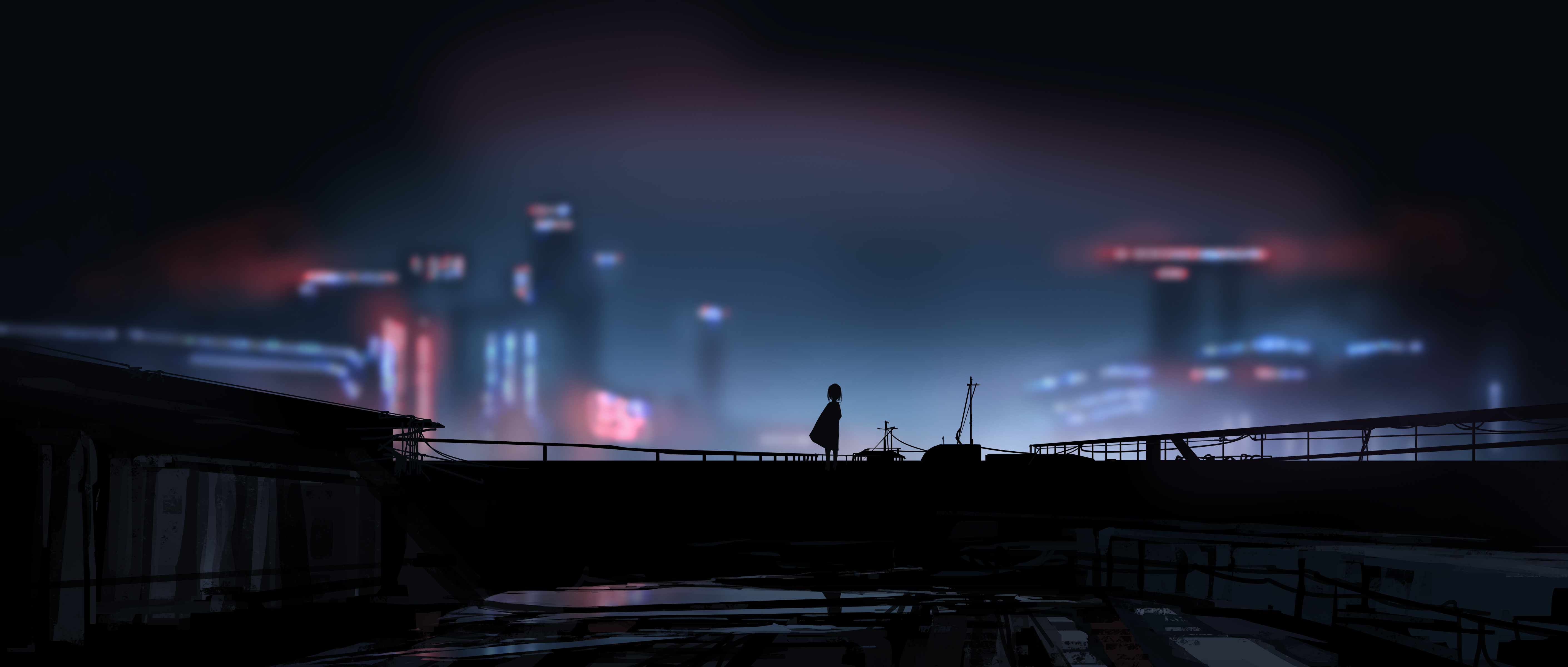 Silhouette of a person on a rooftop overlooking a city HD Wallpaper