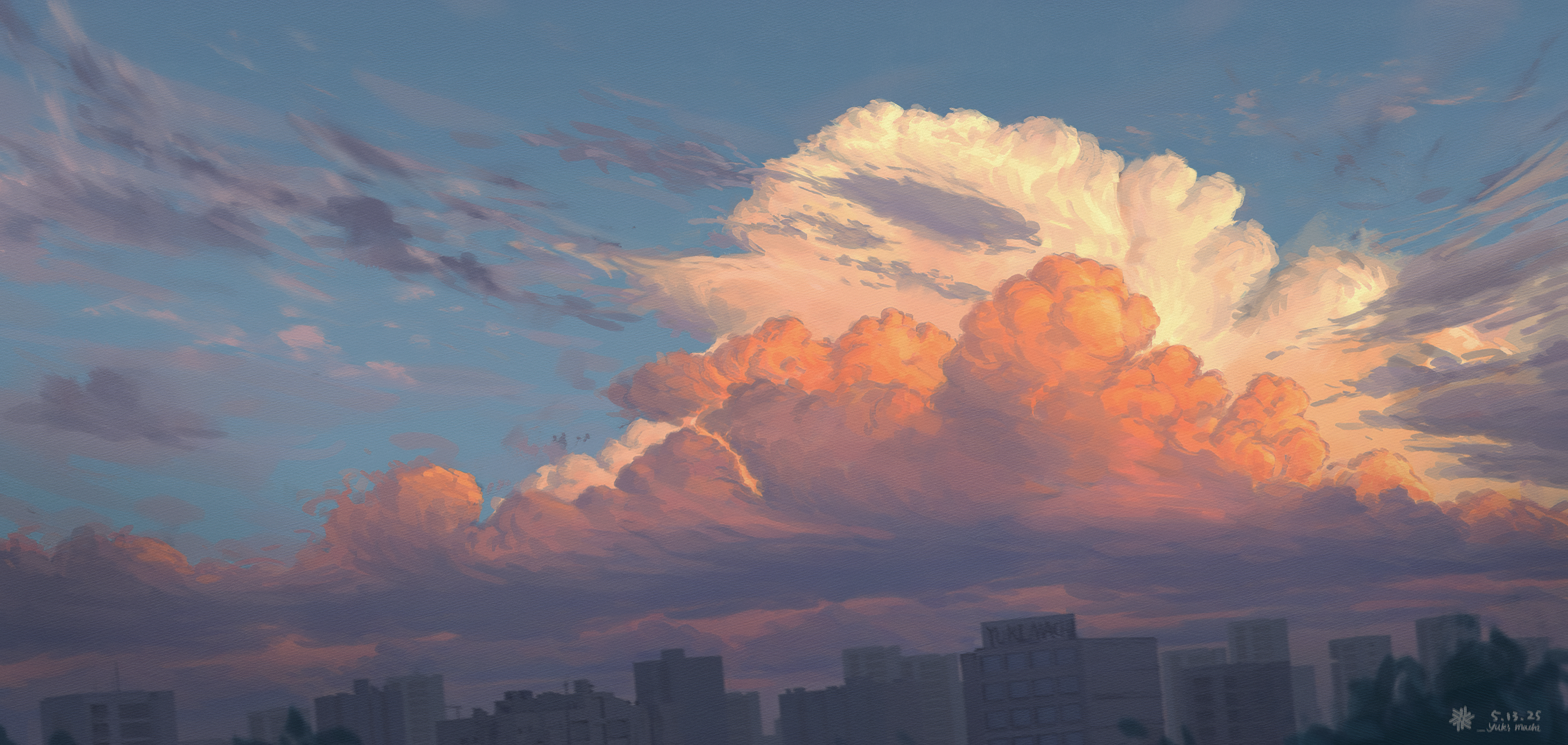 Digital art of clouds over a city at sunset HD Wallpaper