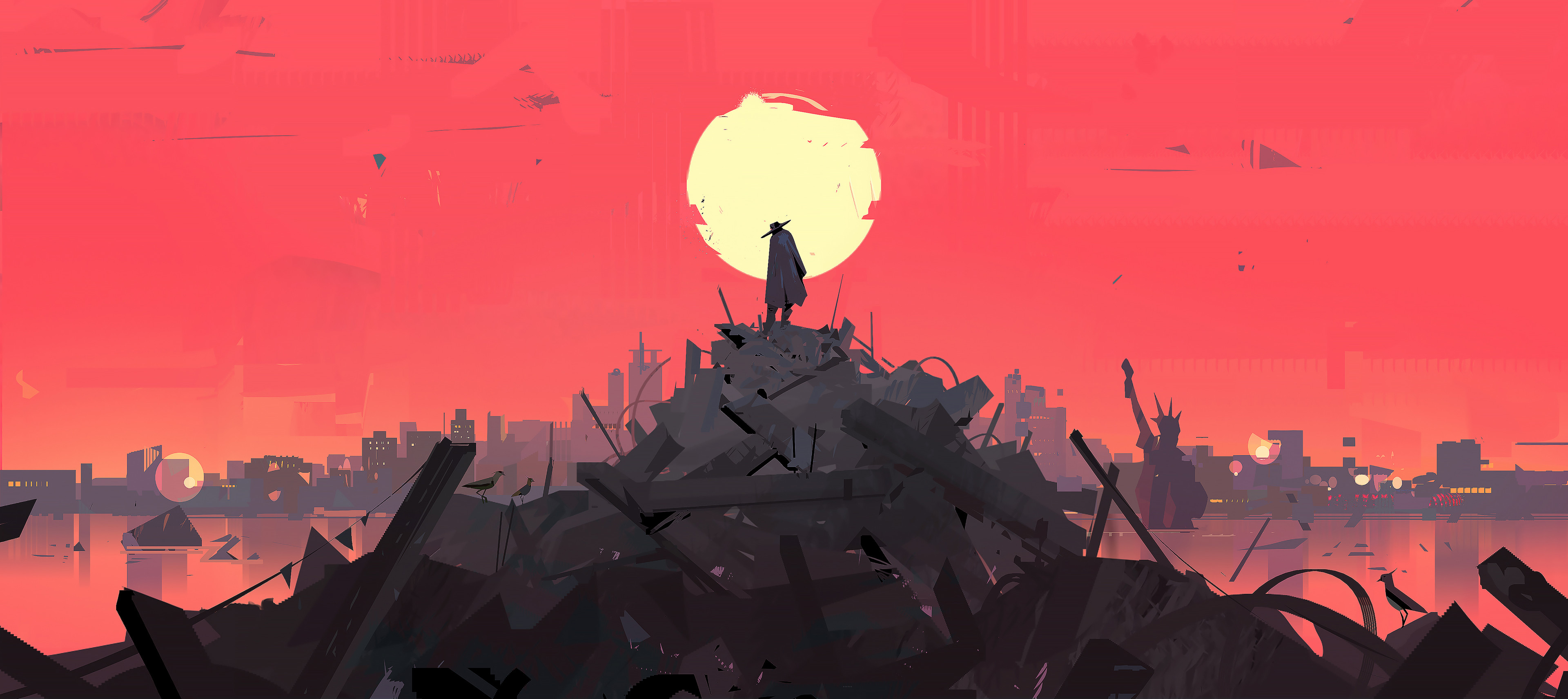 Man on pile of rubble overlooking ruined cityscape HD Wallpaper