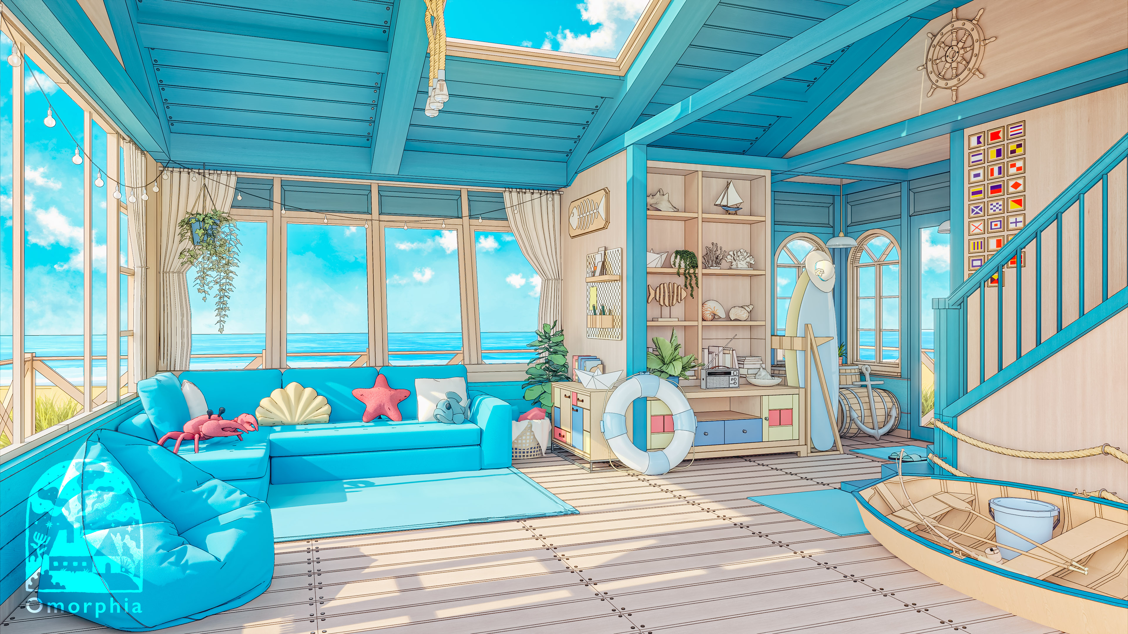 Boat interior with ocean view and beach decor HD Wallpaper