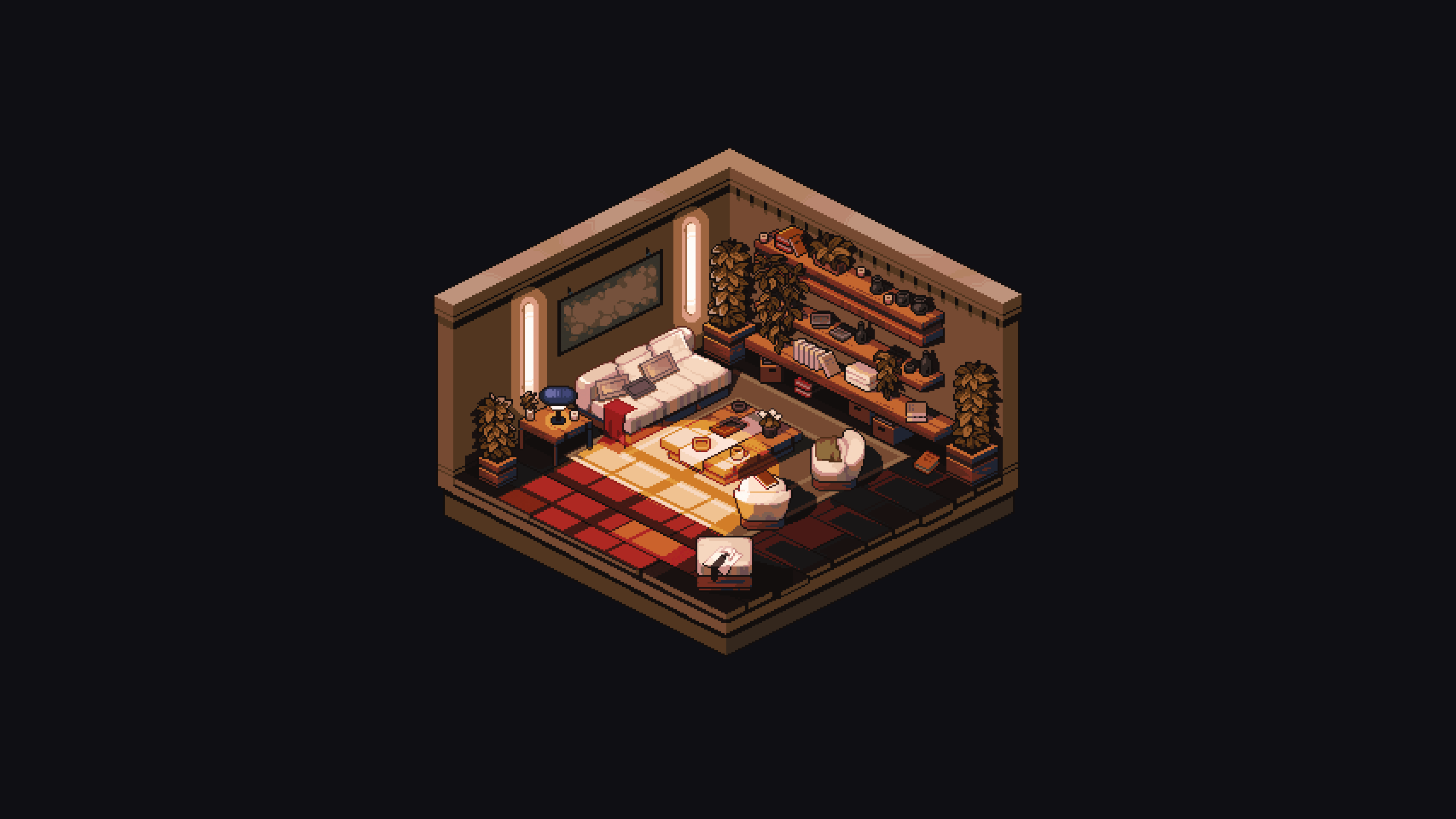 Pixel art living room with books and furniture HD Wallpaper