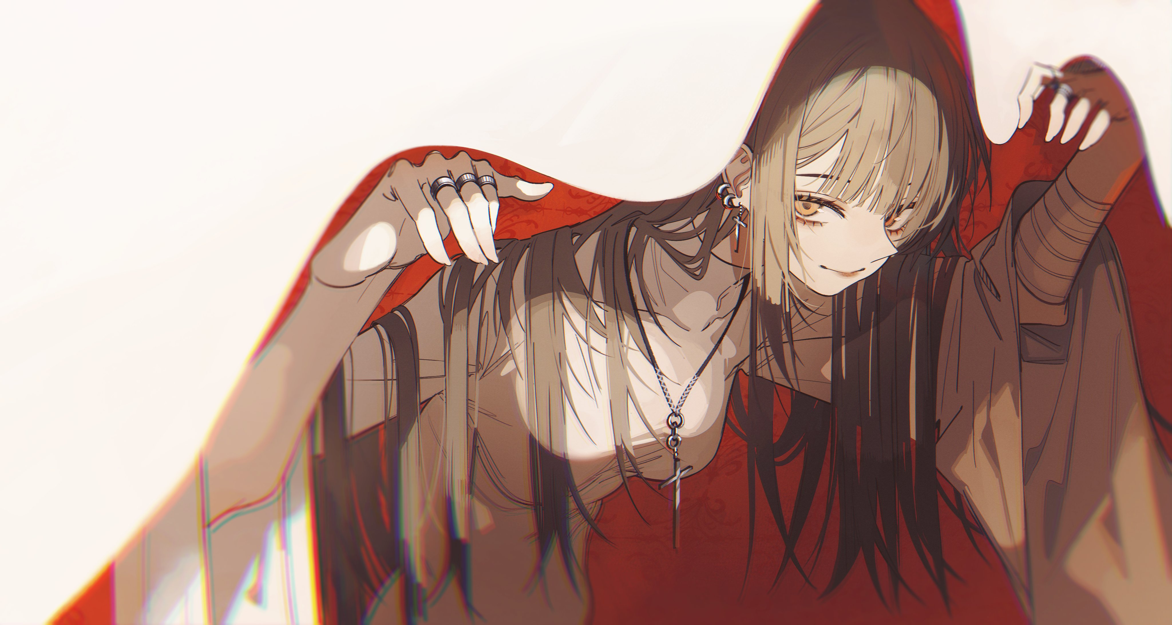 Anime girl with long black hair and red hood HD Wallpaper