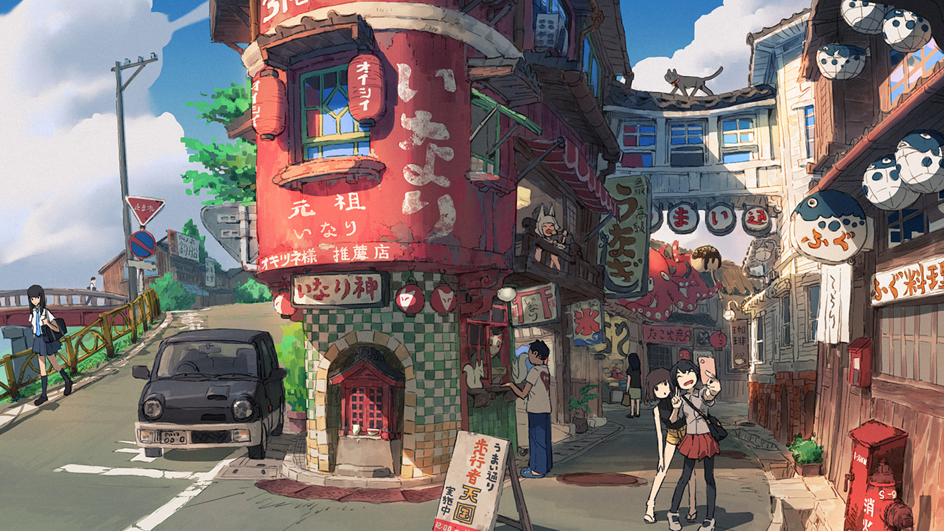 Anime girls and boys in a Japanese town with a car HD Wallpaper