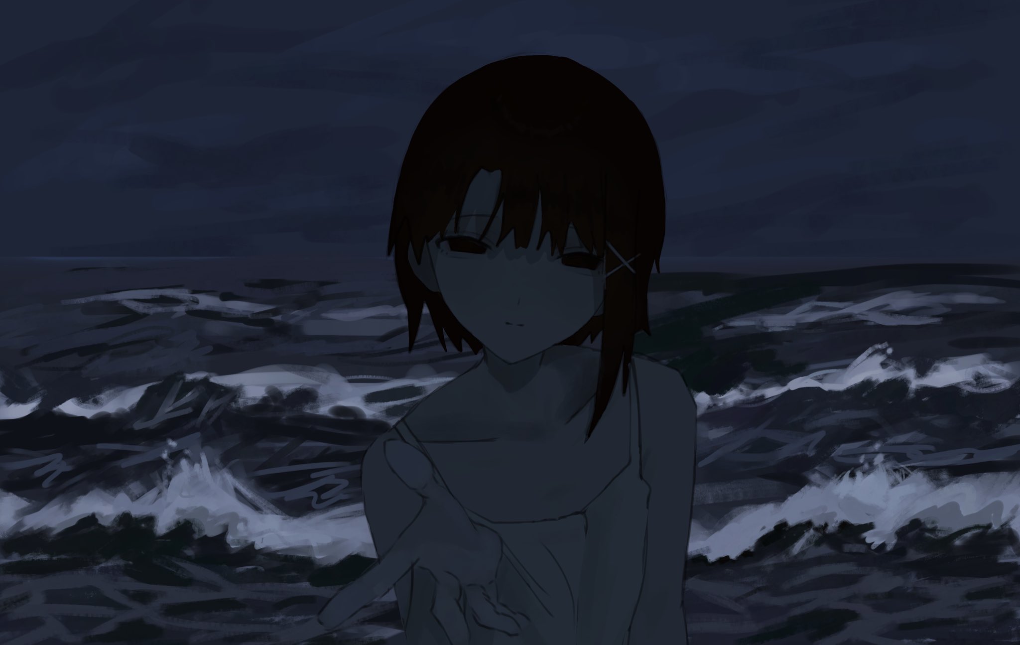 Serial Experiments Lain by the dark ocean waves HD Wallpaper