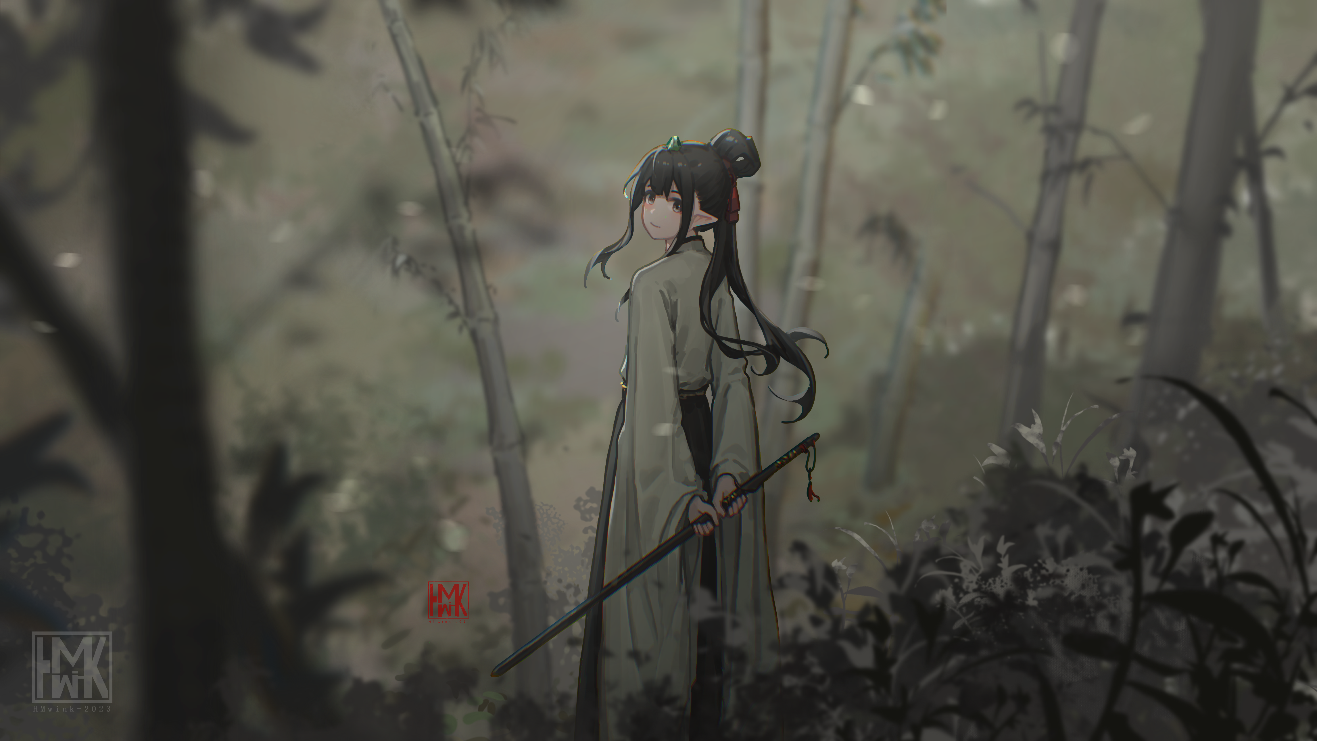 Anime girl with sword in bamboo forest HD Wallpaper