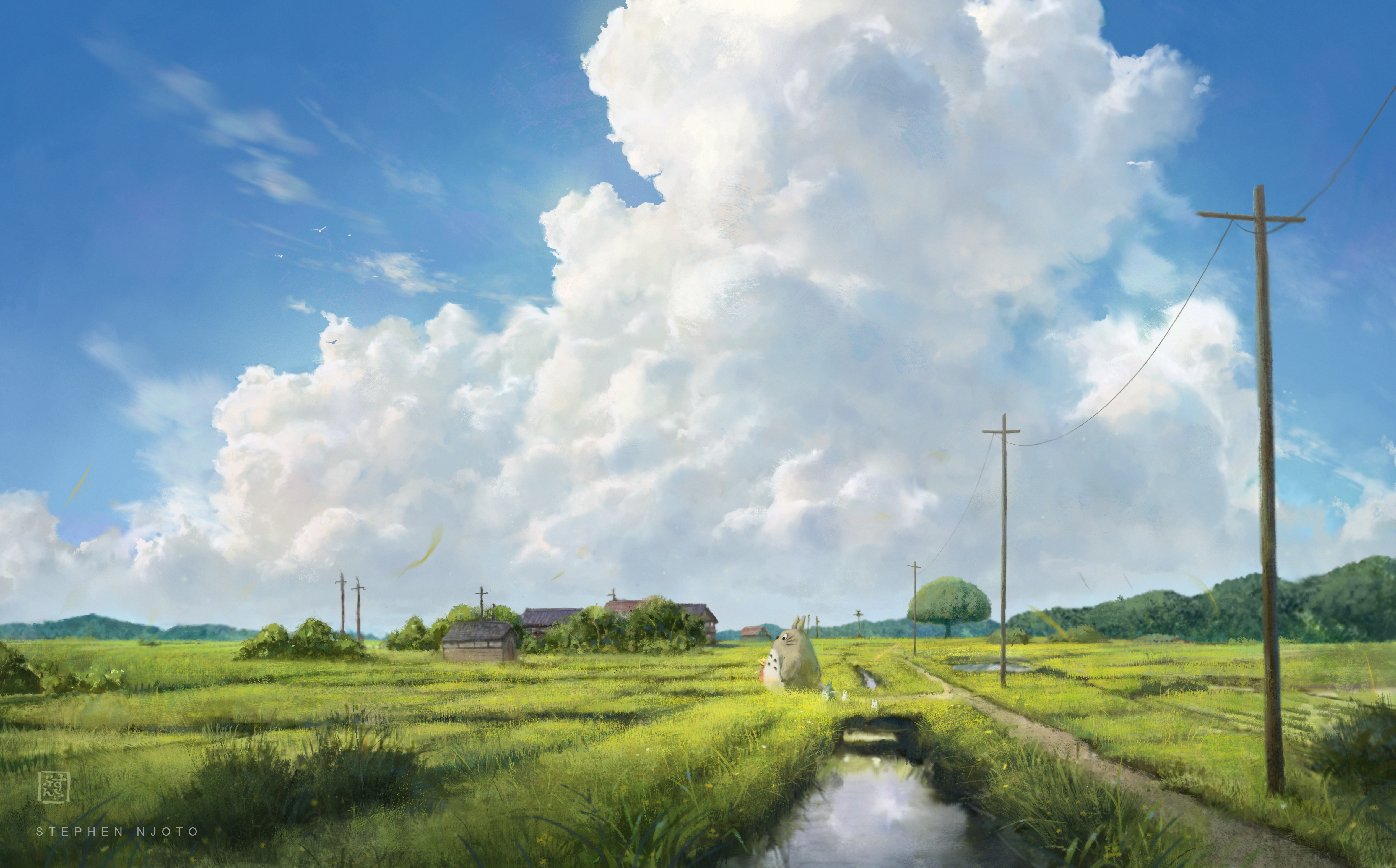 My Neighbor Totoro Scenery with Kusakabe Mei and Watermark HD Wallpaper