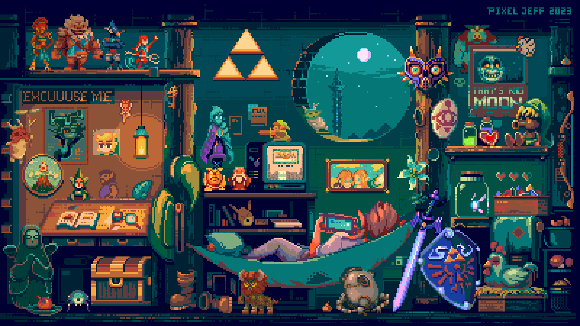 The Legend of Zelda pixel art room with Link and Majoras Mask HD Wallpaper