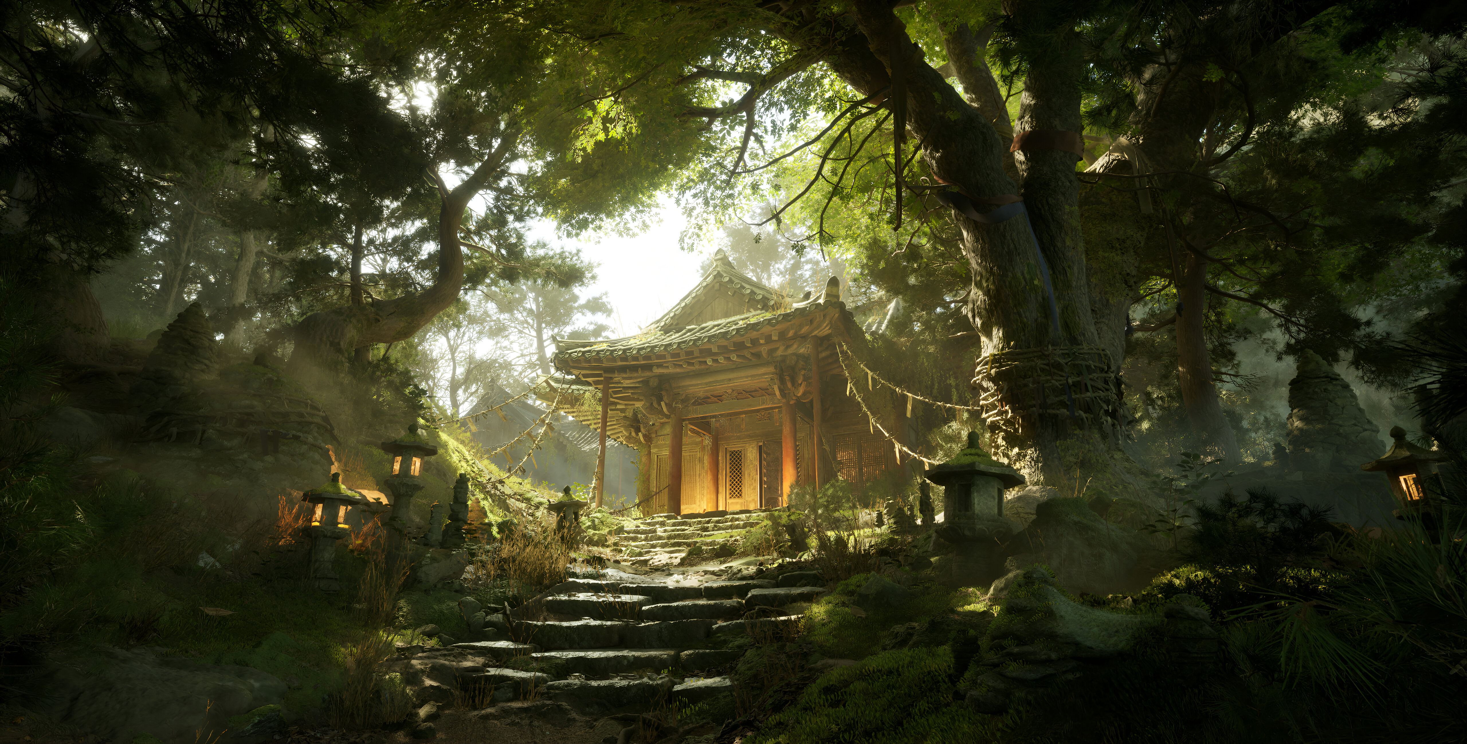 Asian architecture temple in a sunlit forest with stone steps HD Wallpaper