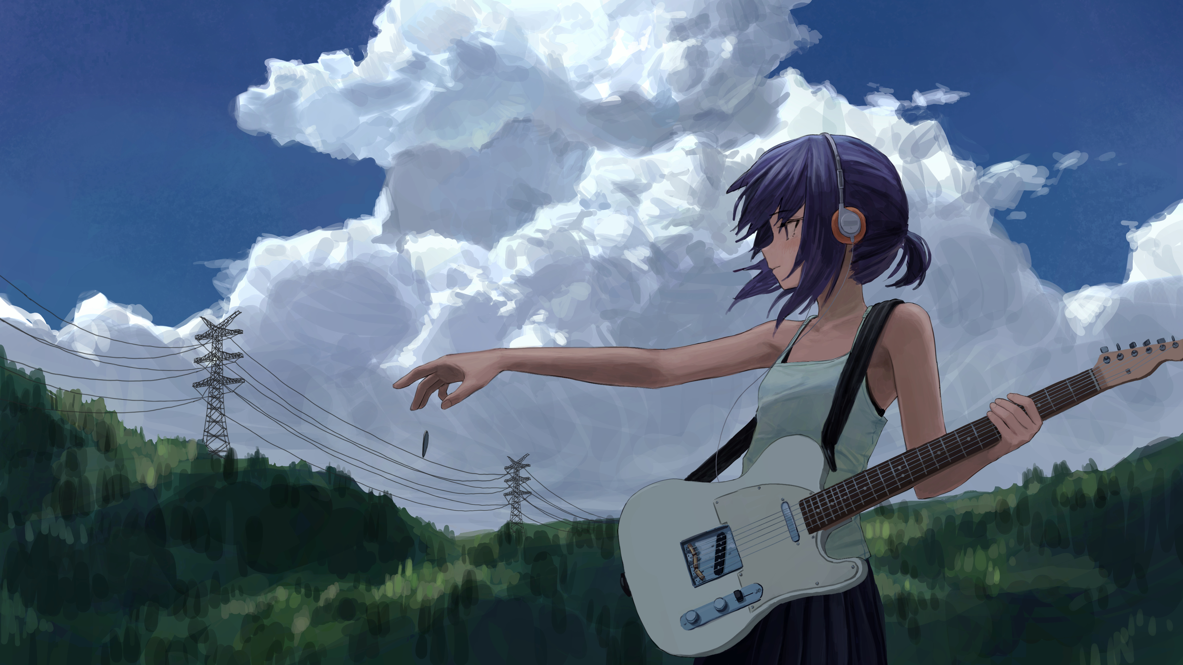 Anime girl with headphones and electric guitar HD Wallpaper